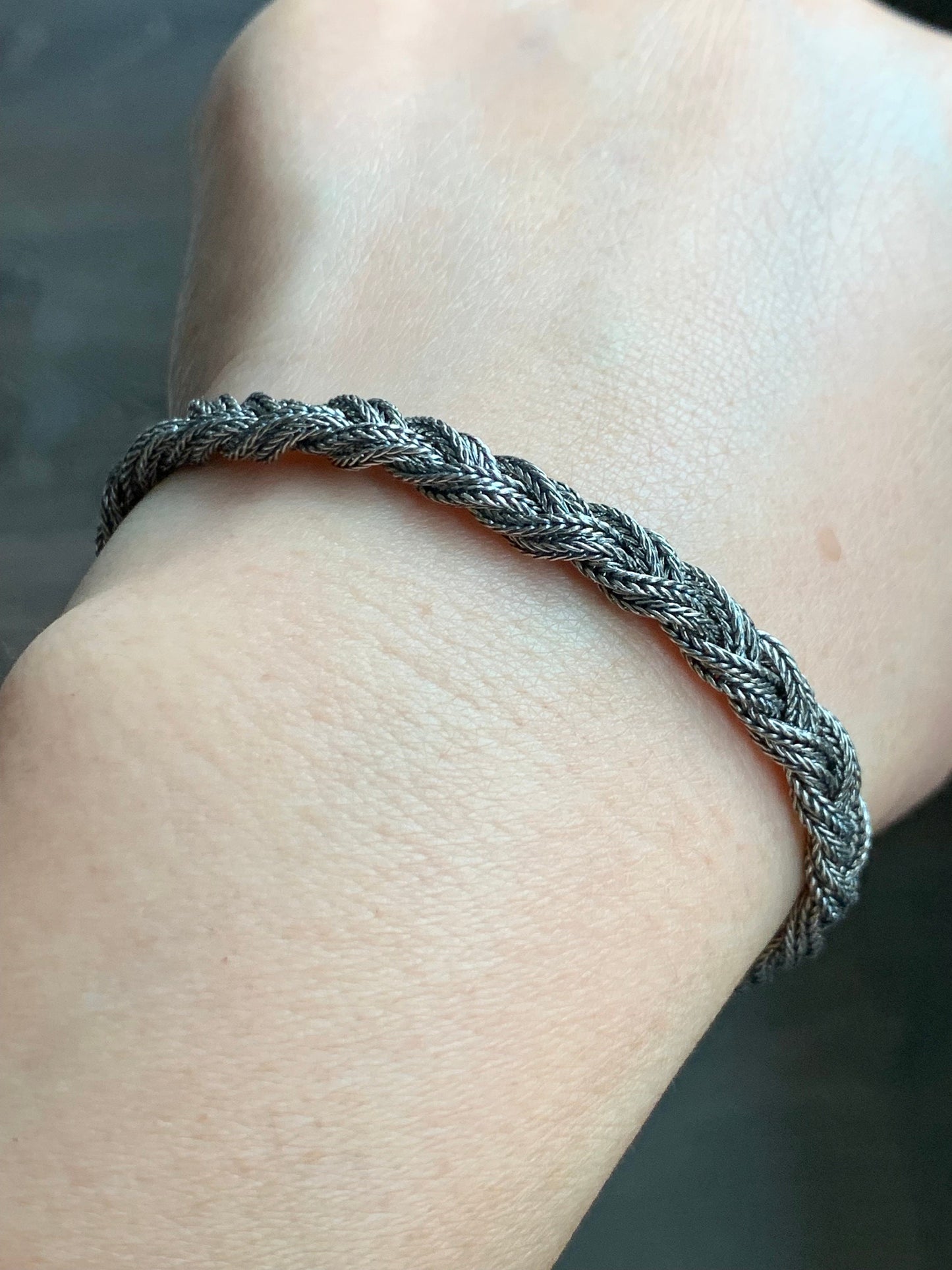 925 Sterling Silver Solid Braided Bracelet Adjustable 12 grams 纯银手工麻花手链