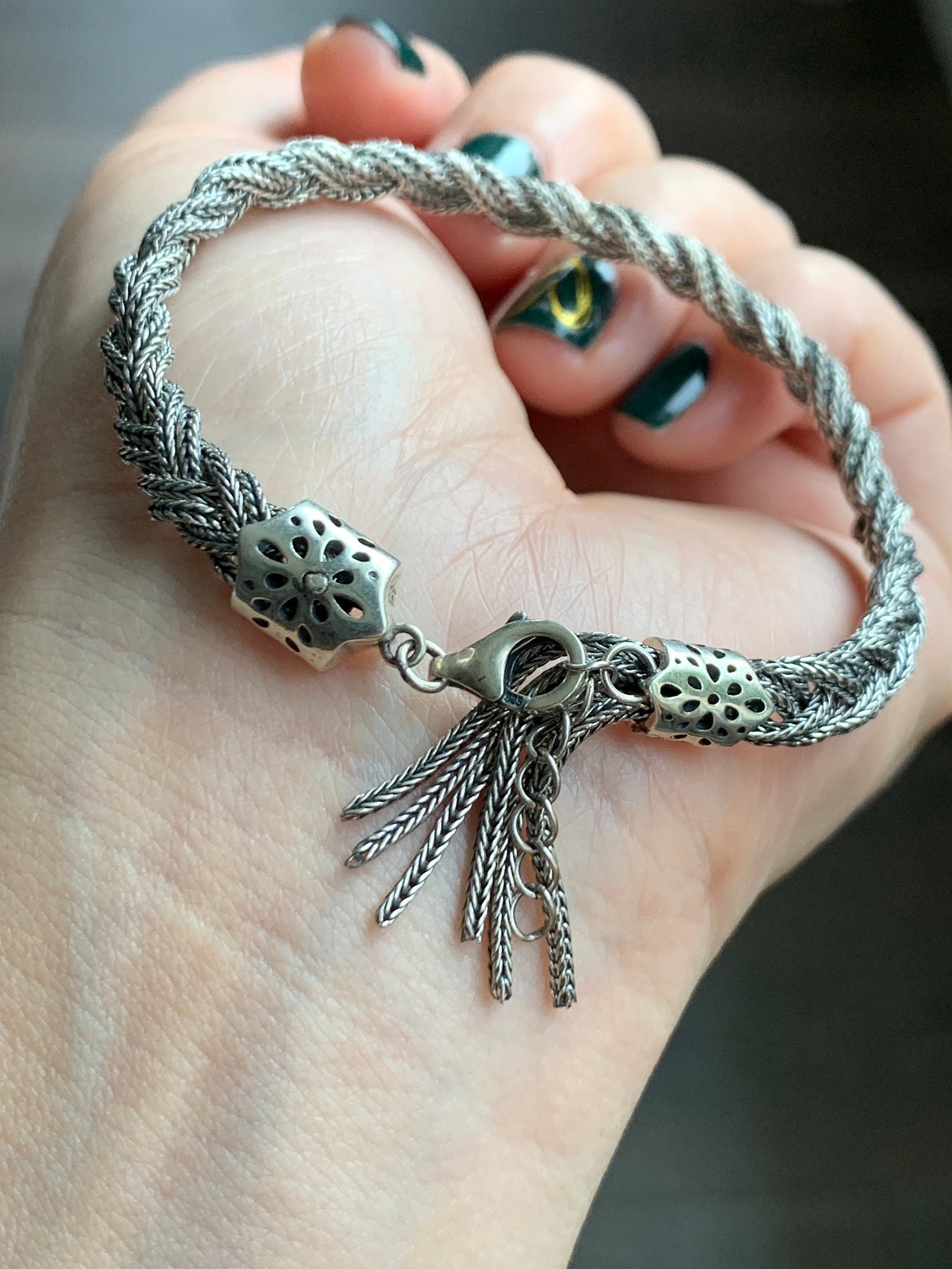 925 Sterling Silver Solid Braided Bracelet Adjustable 12 grams 纯银手工麻花手链