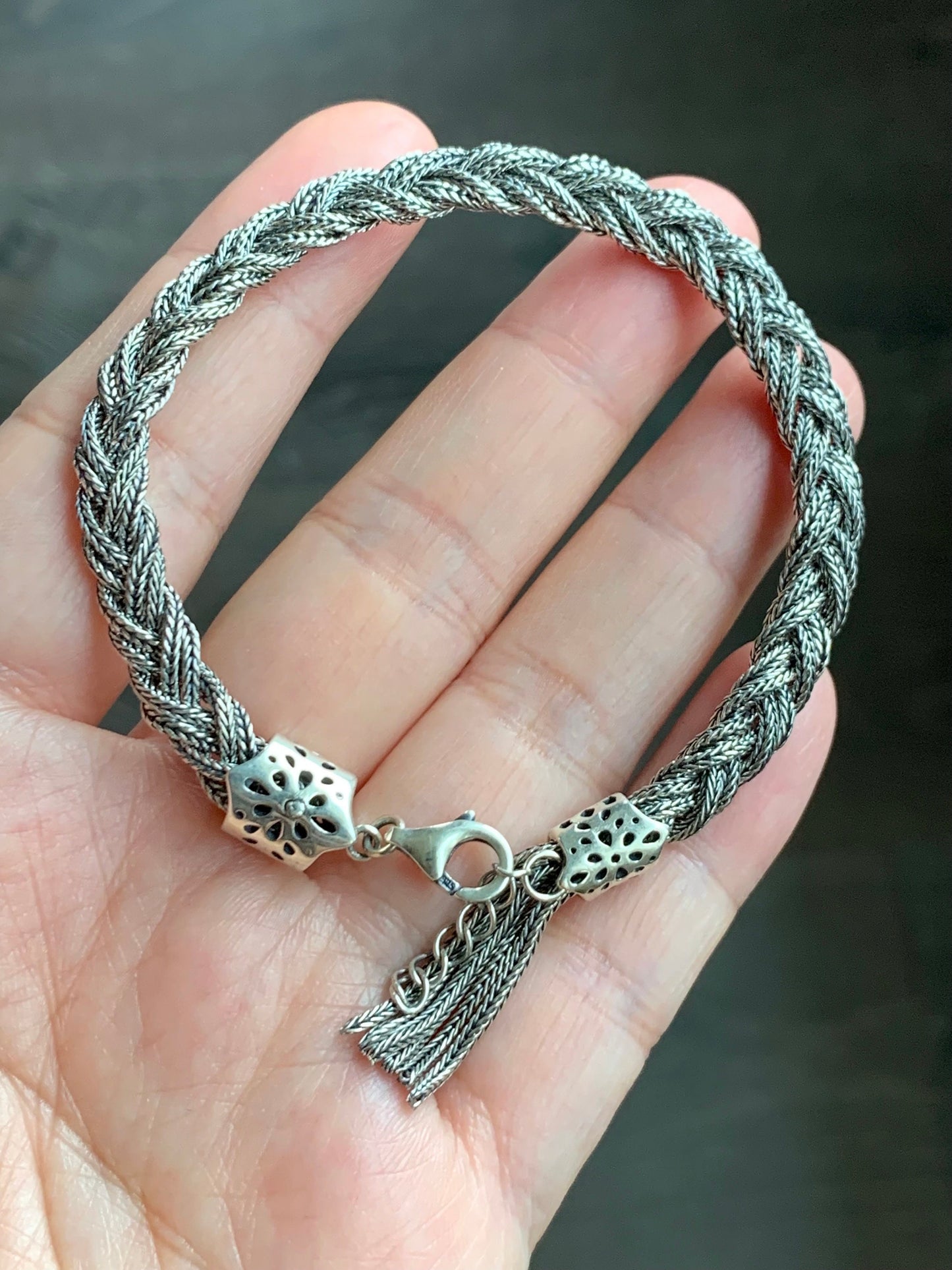 925 Sterling Silver Solid Braided Bracelet Adjustable 12 grams 纯银手工麻花手链