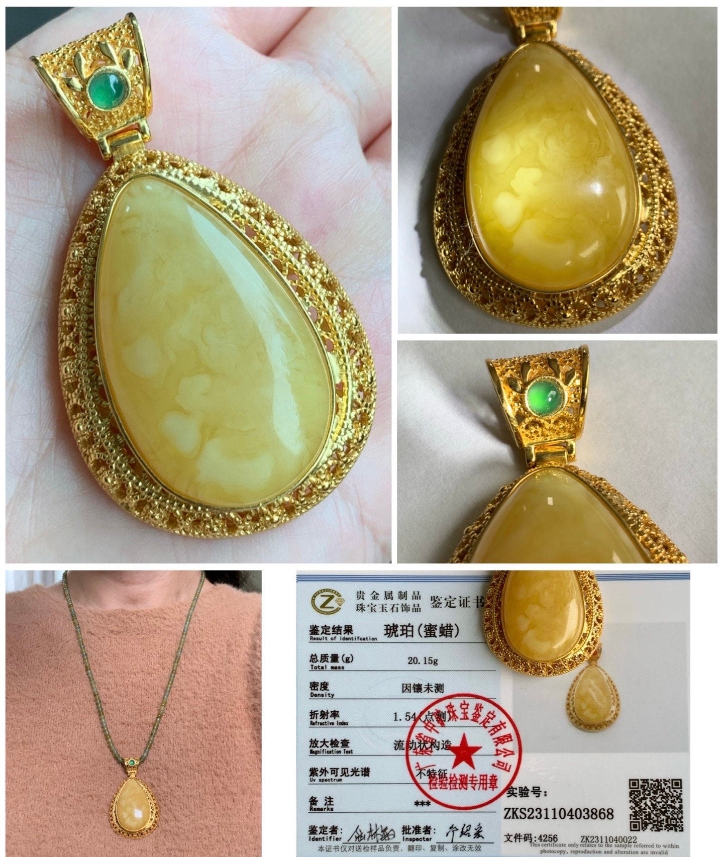 Certified Natural Large Teardrop Fossilized Tree Resin Beewax Teardrop Icy Green Jadeite Pendant Sterling Silver 20g 天然大水滴冰危绿翡翠顶珠重银镶吊坠