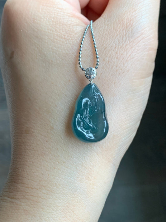 Natural Guatemalan Premium Icy Highly Translucent Gelatinous Blue Jadeite Carved Double Fish Pendant 18K White Gold Bail 天然冰胶危蓝水翡翠双鱼镶嵌吊坠