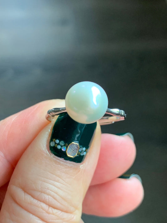 Natural Genuine Freshwater White Round Pearl Solitaire Ring with Bamboo Design Band Sterling Silver Adjustable 9.5mm 天然淡水白色圆珍珠银镶竹节款戒指 BZJ100