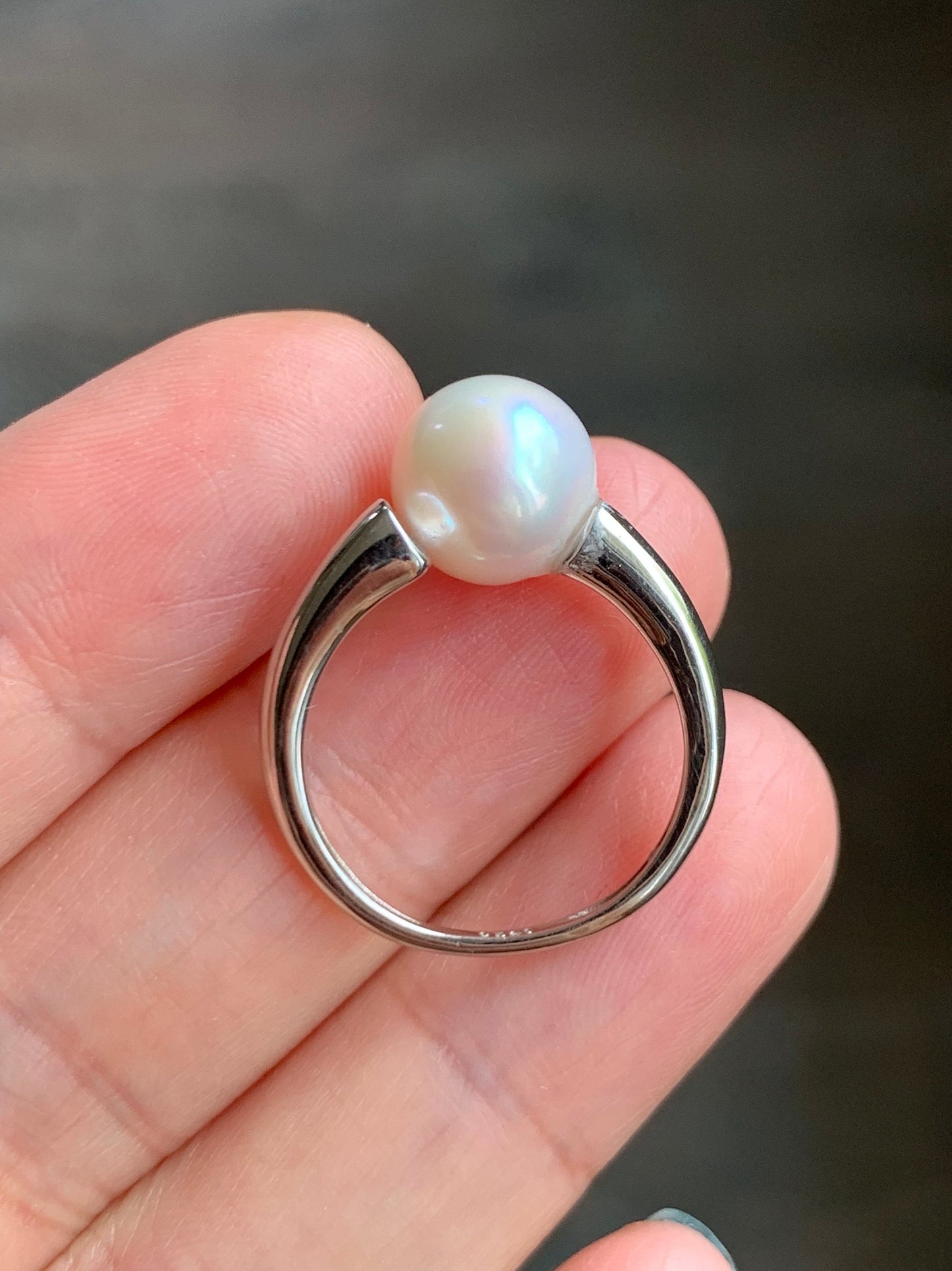 Natural Genuine Freshwater White Round Pearl 9.7mm Solitaire Bypass Ring Open Band S925 Sterling Silver Size 6 天然淡水白色圆珍珠银镶戒指 BKK100