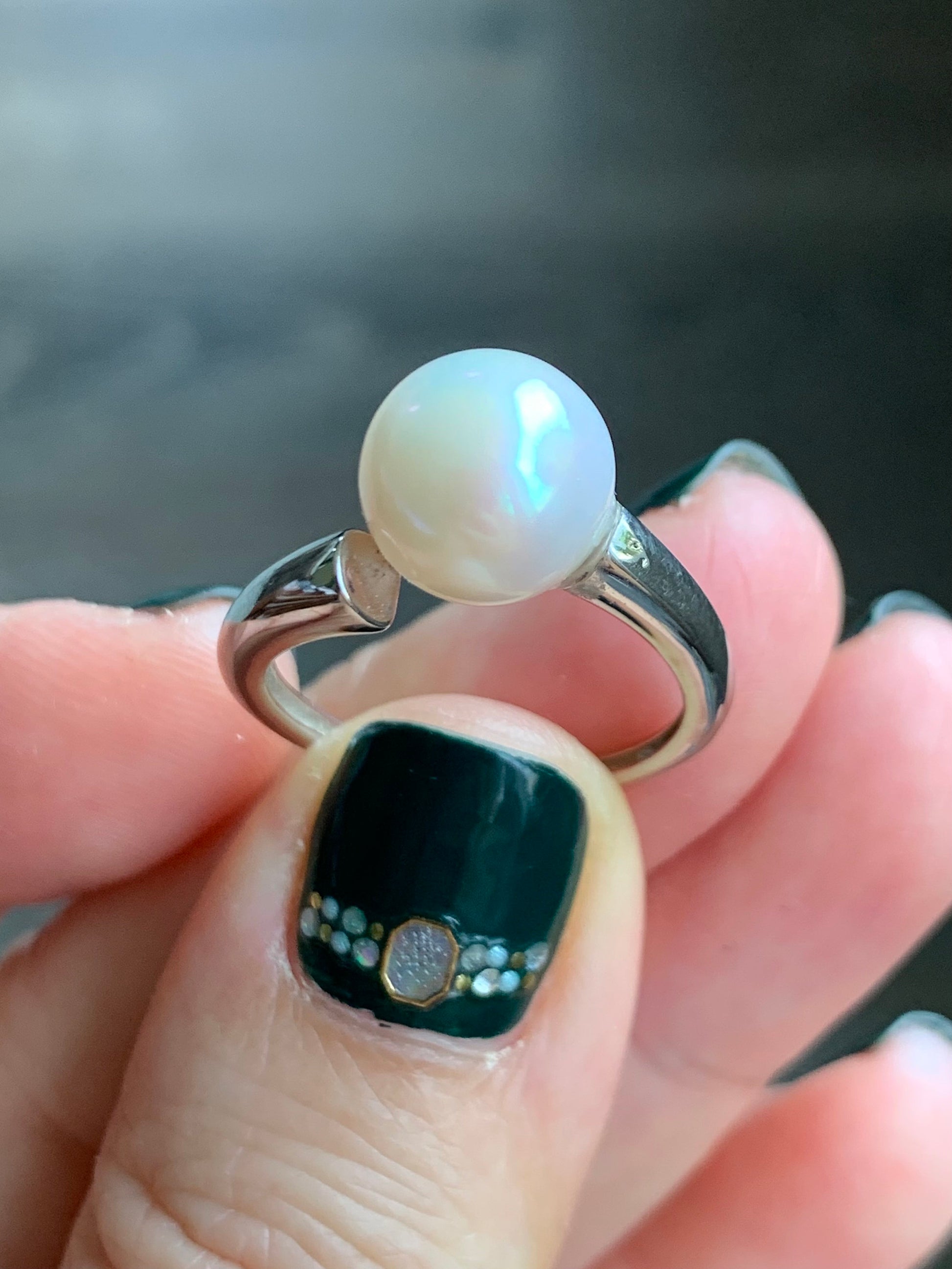 Natural Genuine Freshwater White Round Pearl 9.7mm Solitaire Bypass Ring Open Band S925 Sterling Silver Size 6 天然淡水白色圆珍珠银镶戒指 BKK100