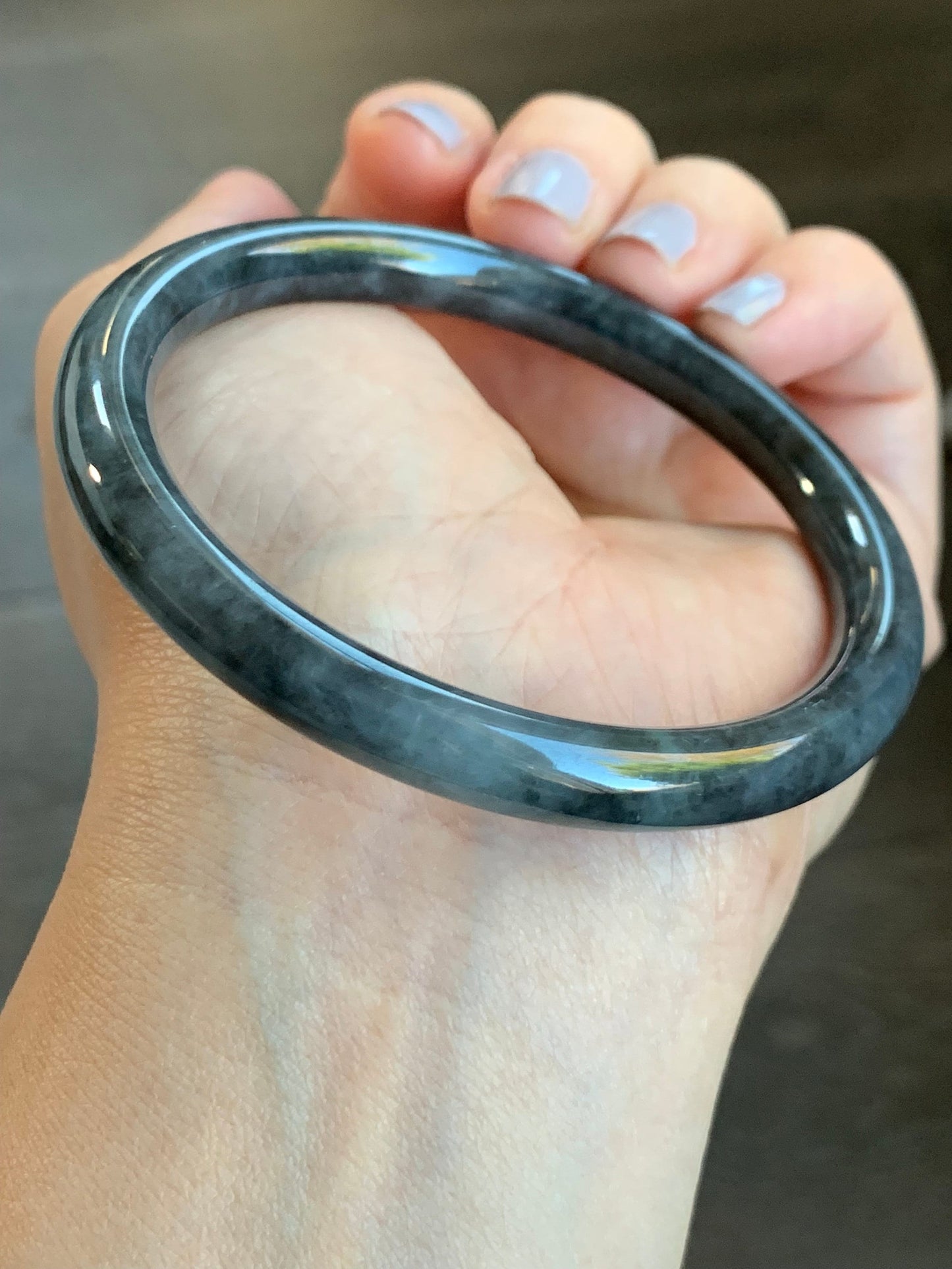 Certified Natural Burmese Icy Highly Translucent Dark Wuji Jadeite Slim Bangle Bracelet 7.6x7.6mm 59.2mm 32.2g 天然缅甸冰乌鸡翡翠细条圆镯手镯 7397