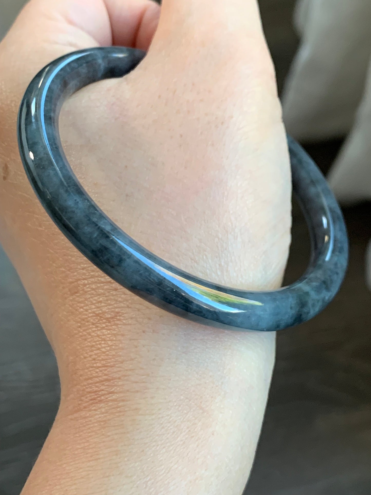 Certified Natural Burmese Icy Highly Translucent Dark Wuji Jadeite Slim Bangle Bracelet 7.6x7.6mm 59.2mm 32.2g 天然缅甸冰乌鸡翡翠细条圆镯手镯 7397