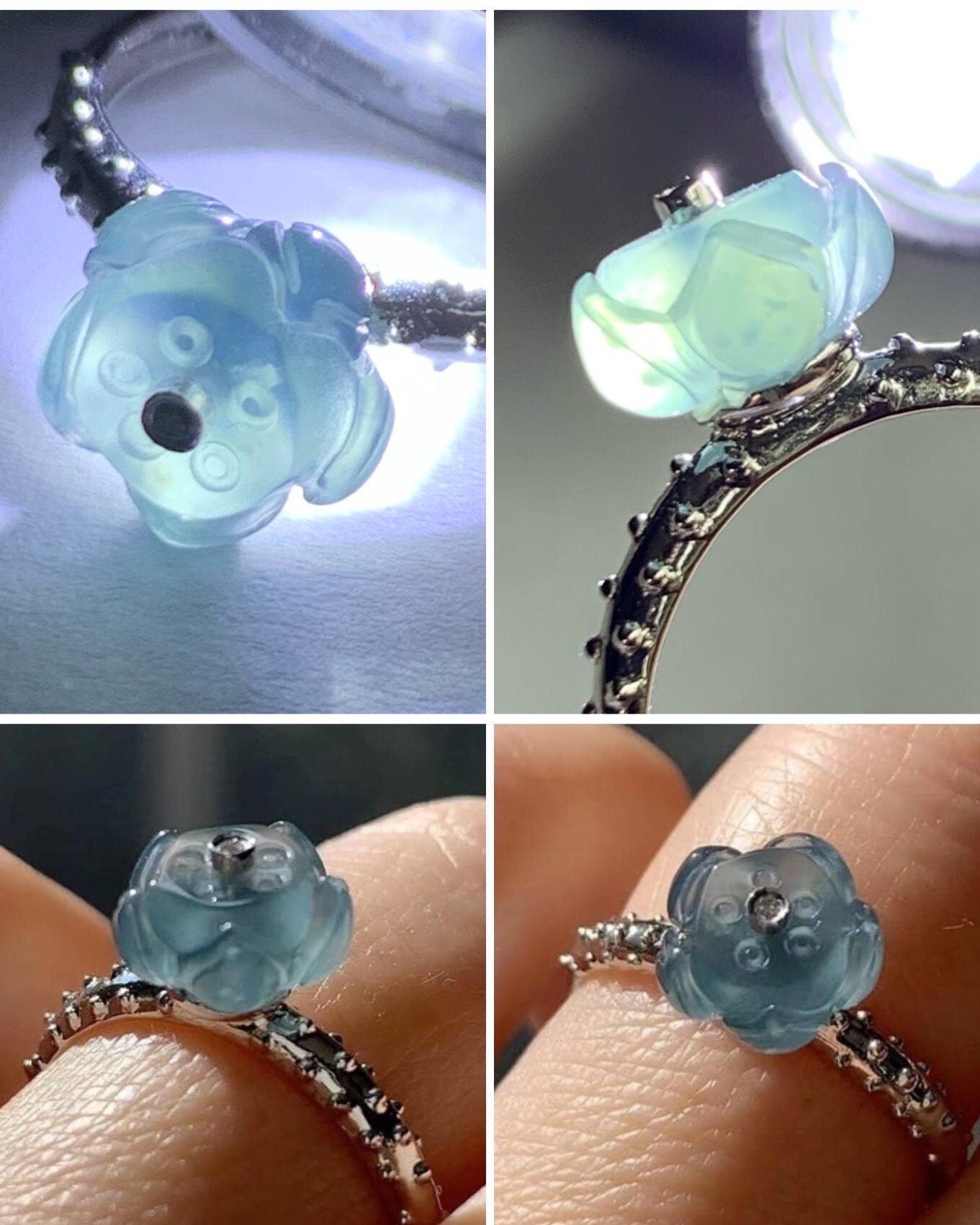 Certified Natural Guatemalan Premium Highly Translucent Teal Blue Jadeite 3D Carved Lotus Flower Ring 18K White Gold Size 7 天然高冰危蓝翡翠莲花钻石镶嵌戒指