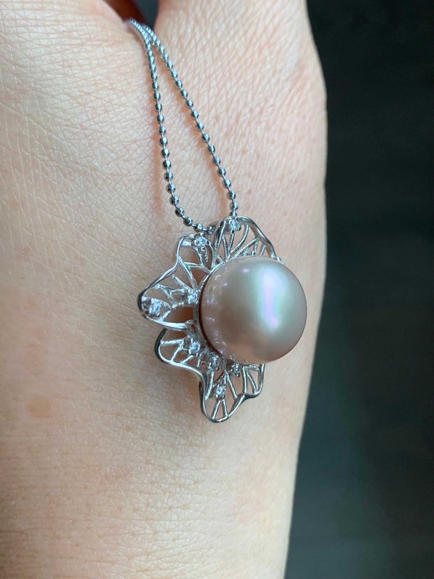 Large Natural Genuine Freshwater Peachy Pink Pearl Pendant S925 Silver Size 12.5mm 天然淡水桃粉色珍珠银镶吊坠