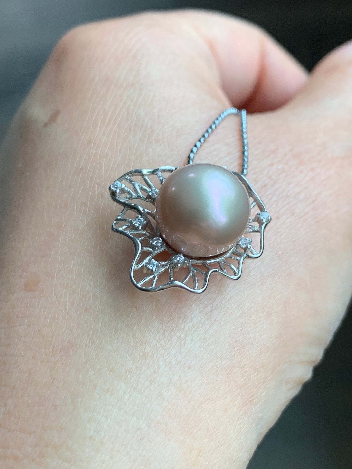 Large Natural Genuine Freshwater Peachy Pink Pearl Pendant S925 Silver Size 12.5mm 天然淡水桃粉色珍珠银镶吊坠