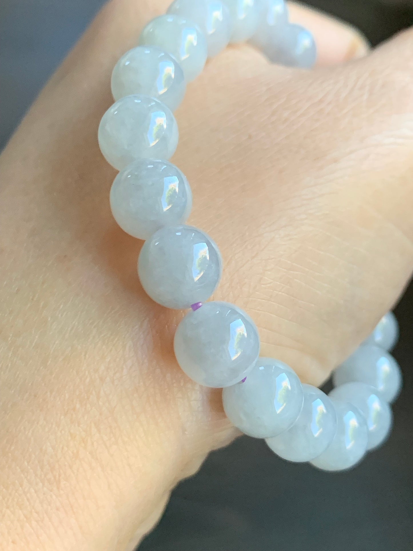 Natural Burmese Grade A Icy Translucent Gelatinous Wuji Jadeite Engraved Dragon Bead Beaded Bracelet 7" Sterling Silver 27g 天然缅甸冰胶乌鸡翡翠龙珠圆珠手串