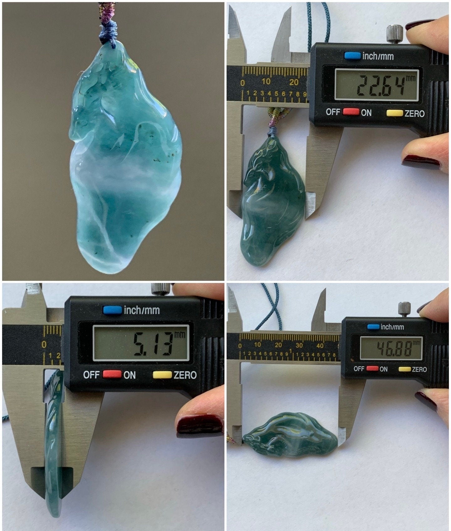 Natural Guatemalan Icy Translucent Teal Blue Jadeite w/ Light Blue Marbling Engraved Deer Pendant Rope Necklace Adjustable 天然危蓝水飘花翡翠梅花鹿吊坠