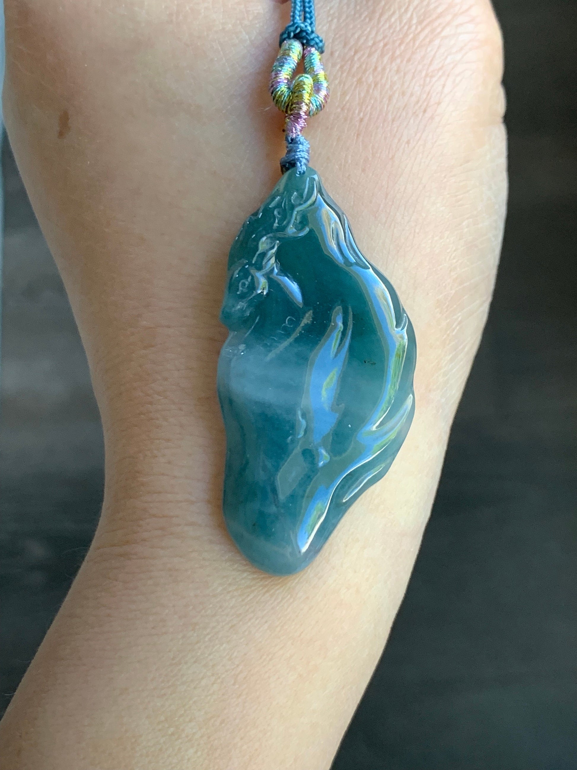 Natural Guatemalan Icy Translucent Teal Blue Jadeite w/ Light Blue Marbling Engraved Deer Pendant Rope Necklace Adjustable 天然危蓝水飘花翡翠梅花鹿吊坠