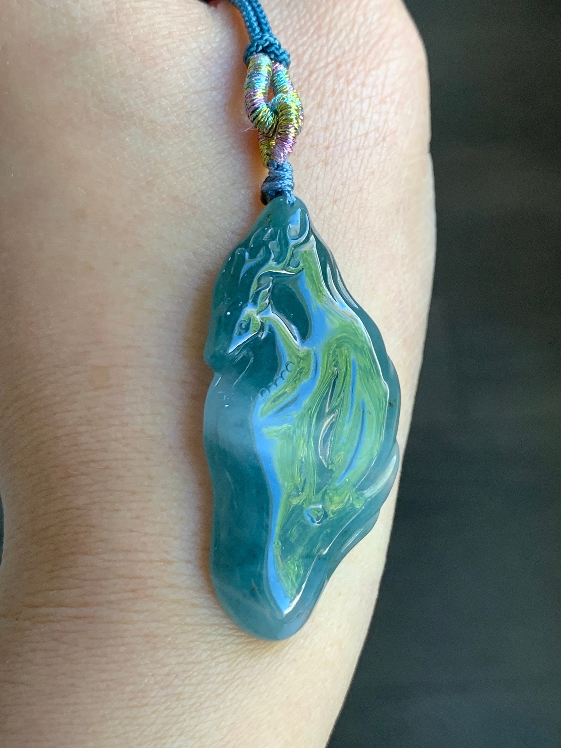 Natural Guatemalan Icy Translucent Teal Blue Jadeite w/ Light Blue Marbling Engraved Deer Pendant Rope Necklace Adjustable 天然危蓝水飘花翡翠梅花鹿吊坠