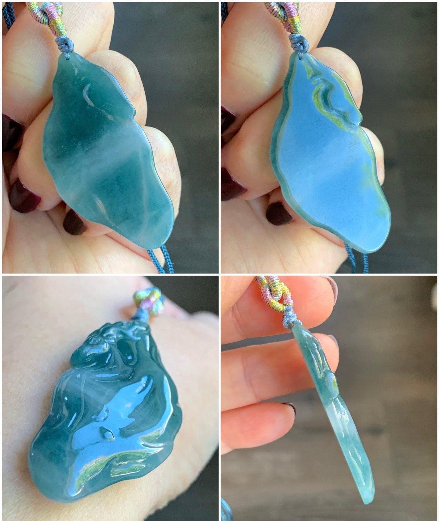 Natural Guatemalan Icy Translucent Teal Blue Jadeite w/ Light Blue Marbling Engraved Deer Pendant Rope Necklace Adjustable 天然危蓝水飘花翡翠梅花鹿吊坠