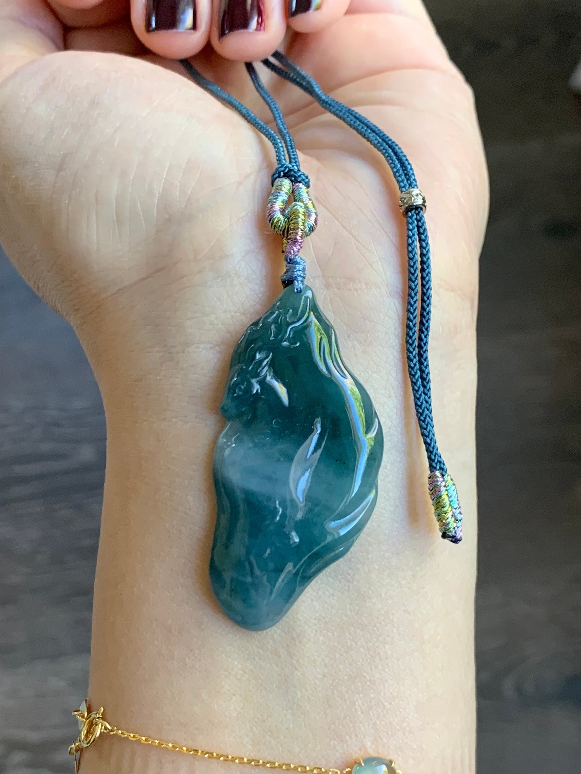 Natural Guatemalan Icy Translucent Teal Blue Jadeite w/ Light Blue Marbling Engraved Deer Pendant Rope Necklace Adjustable 天然危蓝水飘花翡翠梅花鹿吊坠