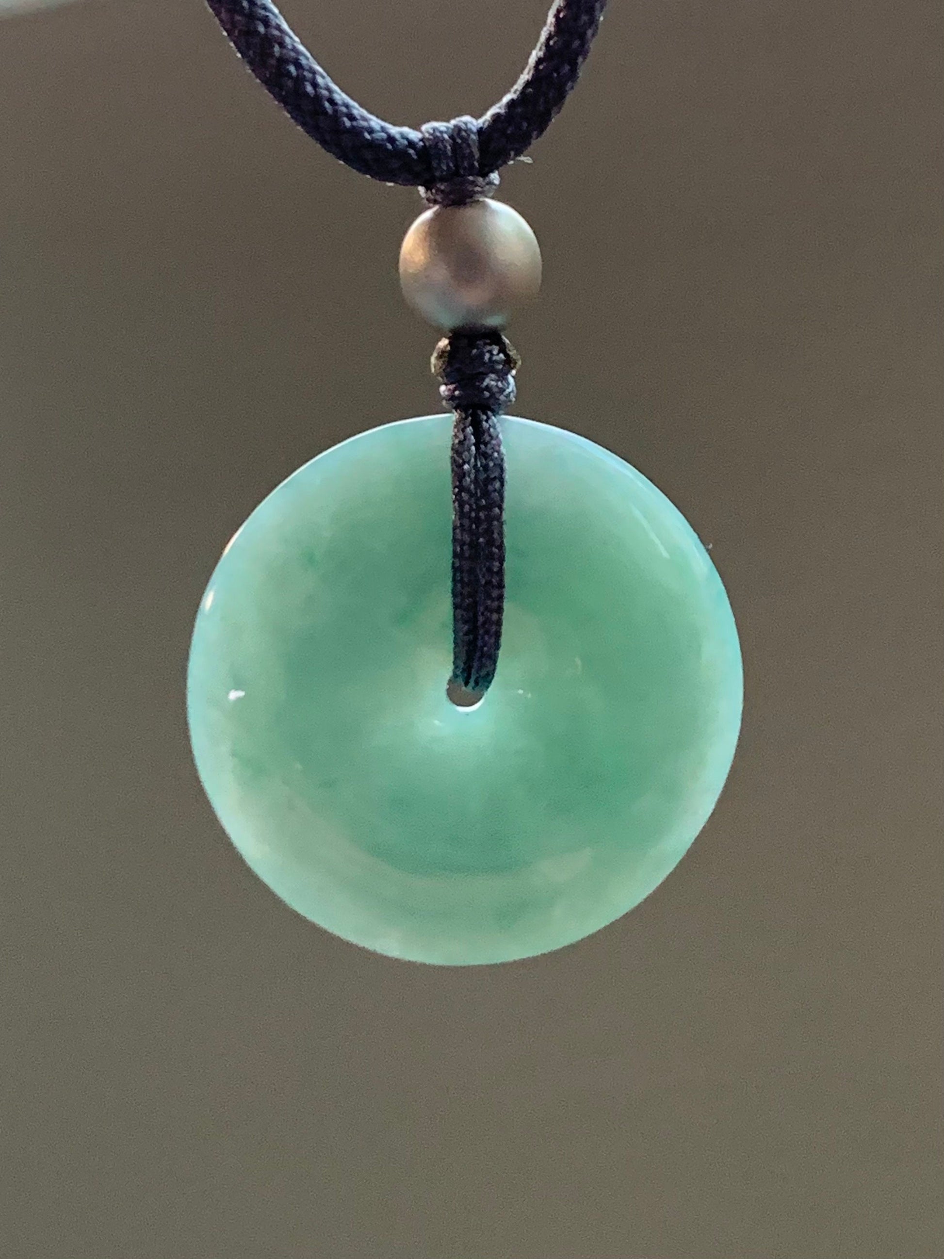 Natural Burmese Icy Translucent Teal Blue Jadeite Ping An Kou Donut Pendant Rope Necklace Sterling Silver 24" Adjustable 9g 天然缅甸冰蓝绿翡翠平安扣吊坠项链