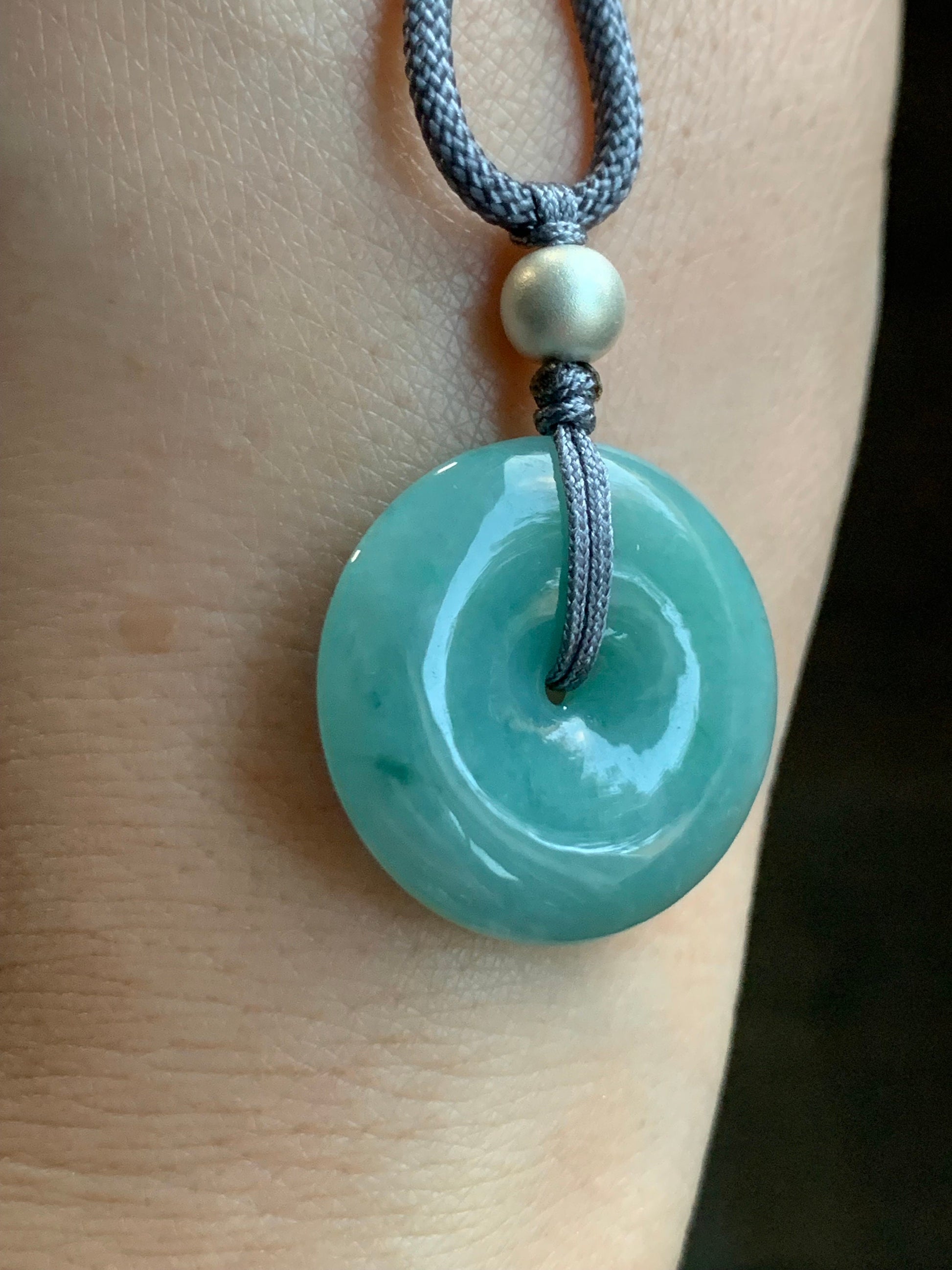 Natural Burmese Icy Translucent Teal Blue Jadeite Ping An Kou Donut Pendant Rope Necklace Sterling Silver 24" Adjustable 9g 天然缅甸冰蓝绿翡翠平安扣吊坠项链