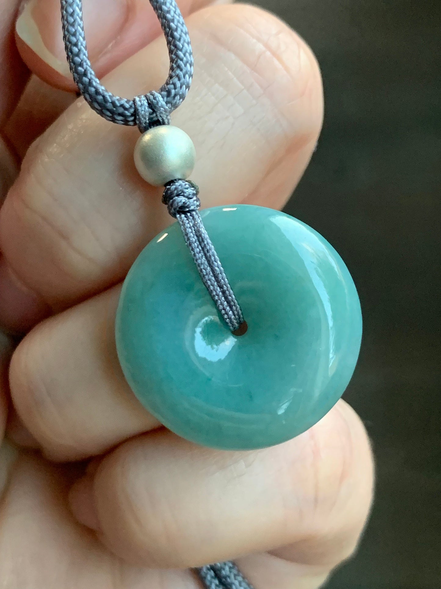 Natural Burmese Icy Translucent Teal Blue Jadeite Ping An Kou Donut Pendant Rope Necklace Sterling Silver 24" Adjustable 9g 天然缅甸冰蓝绿翡翠平安扣吊坠项链