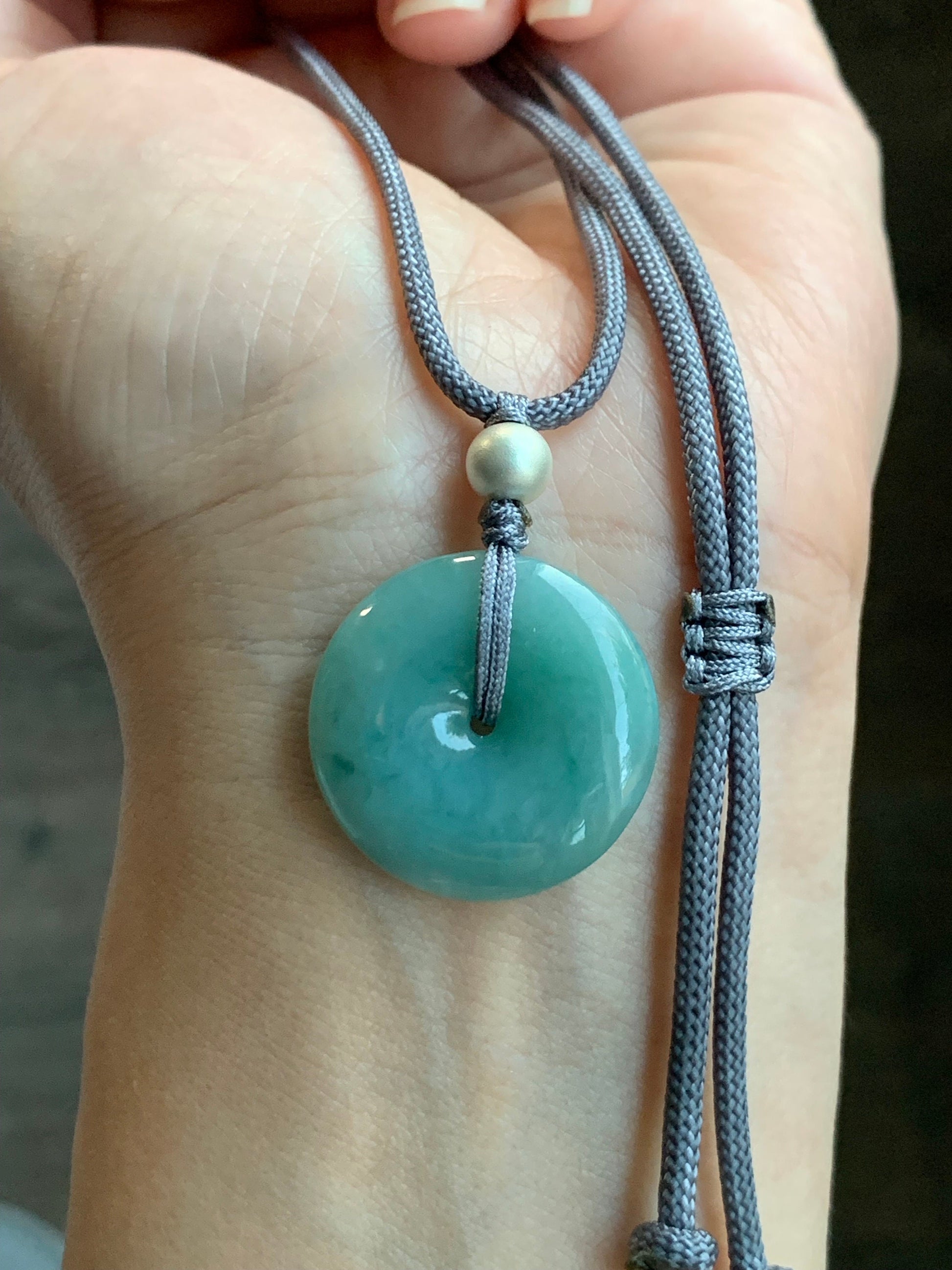 Natural Burmese Icy Translucent Teal Blue Jadeite Ping An Kou Donut Pendant Rope Necklace Sterling Silver 24" Adjustable 9g 天然缅甸冰蓝绿翡翠平安扣吊坠项链