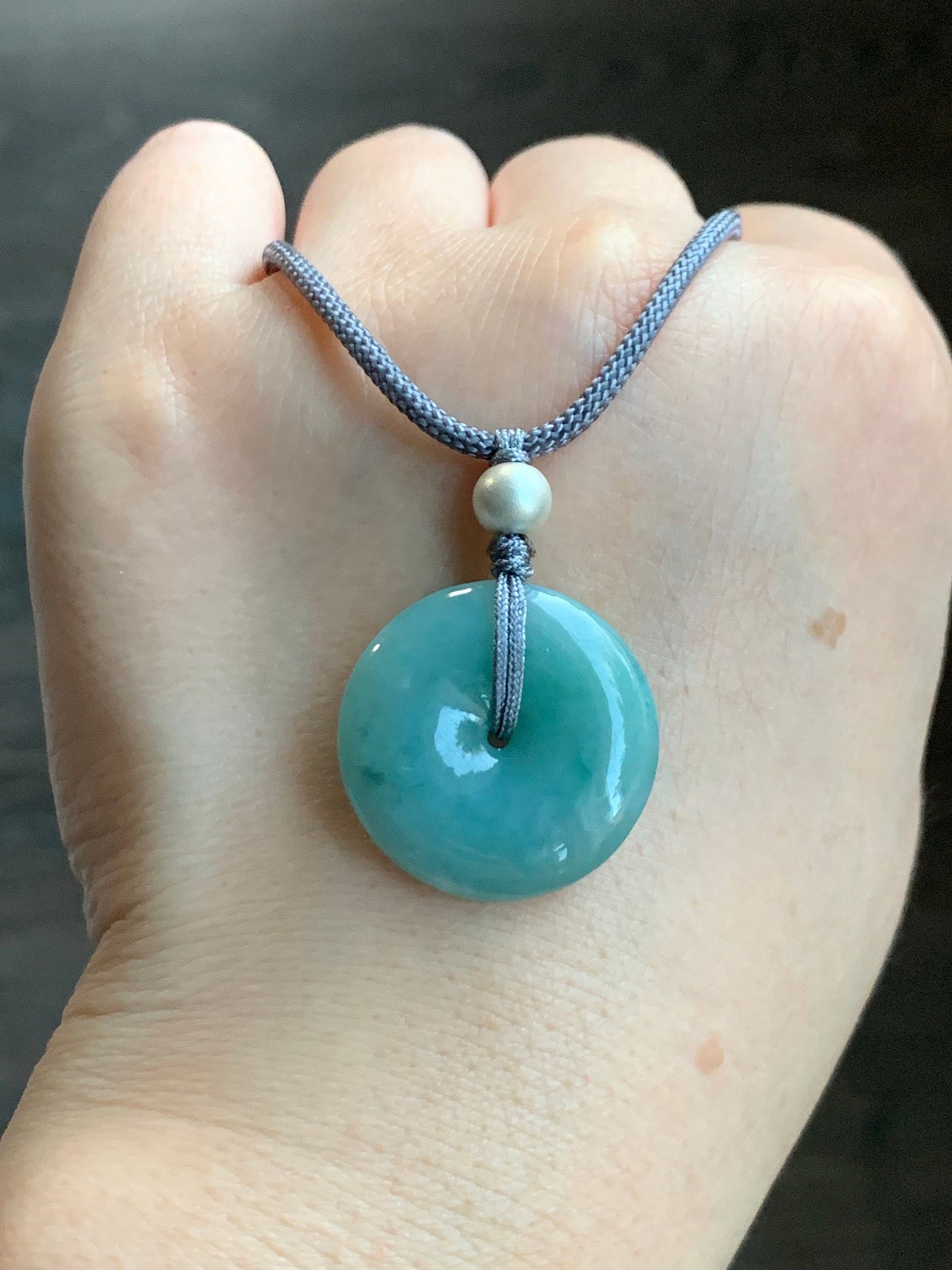 Natural Burmese Icy Translucent Teal Blue Jadeite Ping An Kou Donut Pendant Rope Necklace Sterling Silver 24" Adjustable 9g 天然缅甸冰蓝绿翡翠平安扣吊坠项链