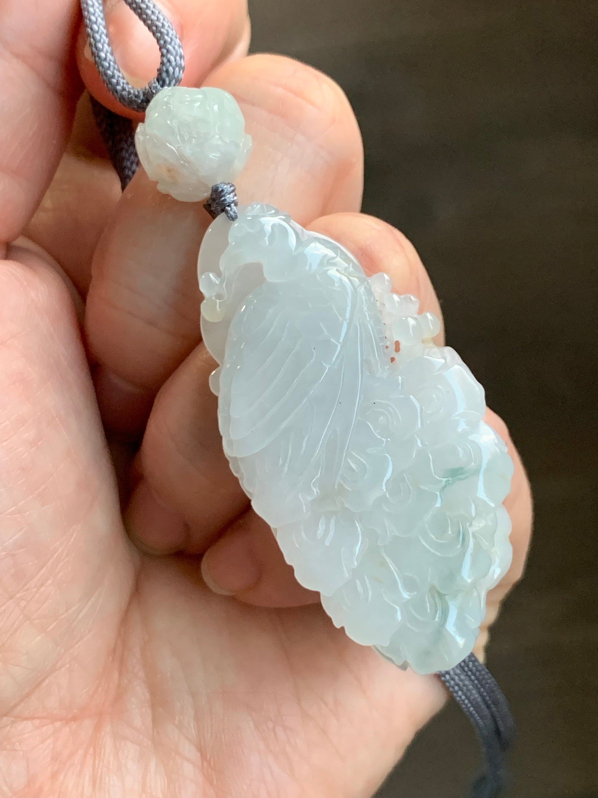 Certified Natural Burmese Icy Translucent Gelatinous Jadeite Carved Peacock Pendant w/ Peony Rope Necklace 32” Adjustable 18g 天然缅甸冰胶翡翠孔雀牡丹项链