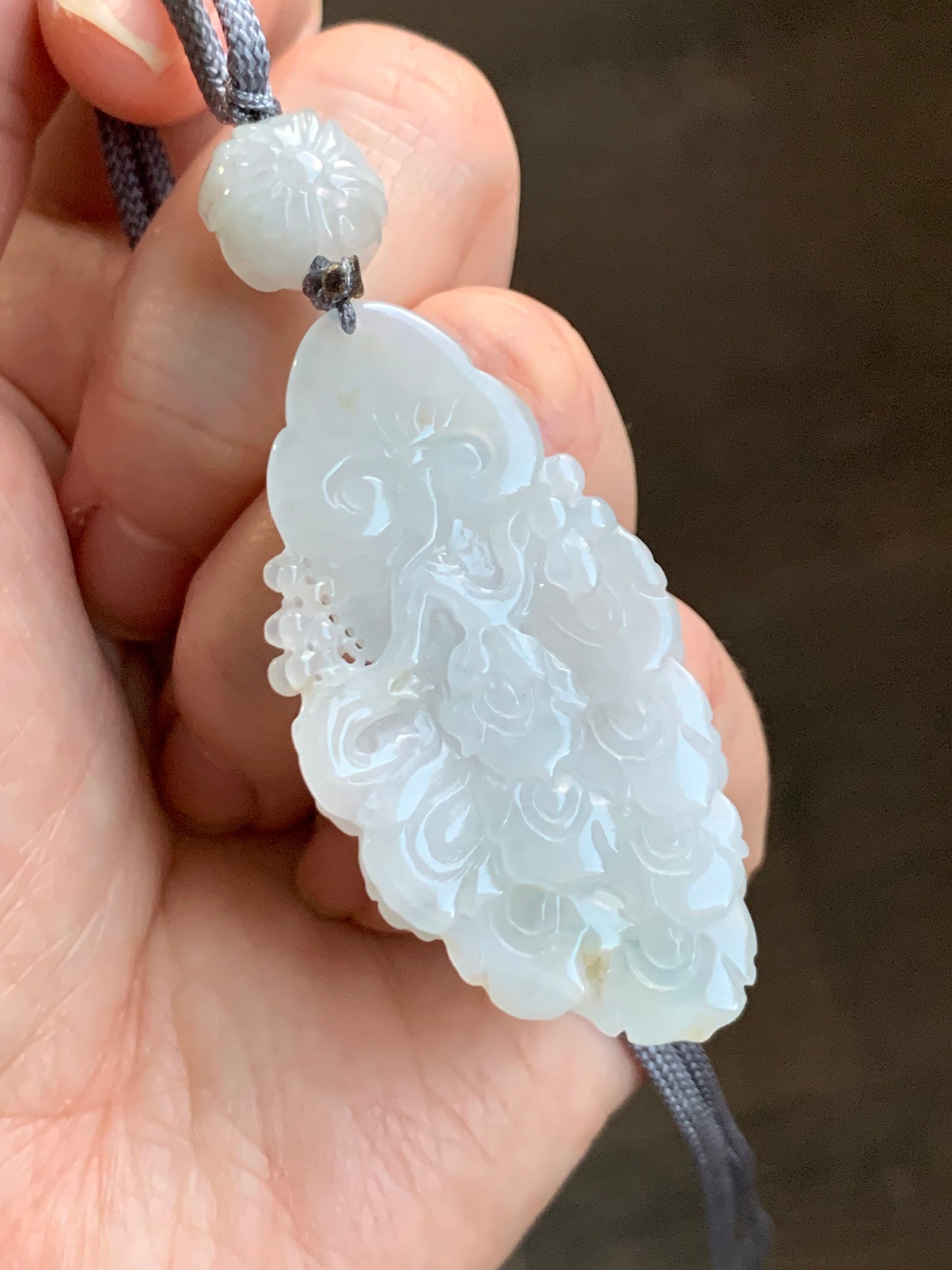 Certified Natural Burmese Icy Translucent Gelatinous Jadeite Carved Peacock Pendant w/ Peony Rope Necklace 32” Adjustable 18g 天然缅甸冰胶翡翠孔雀牡丹项链