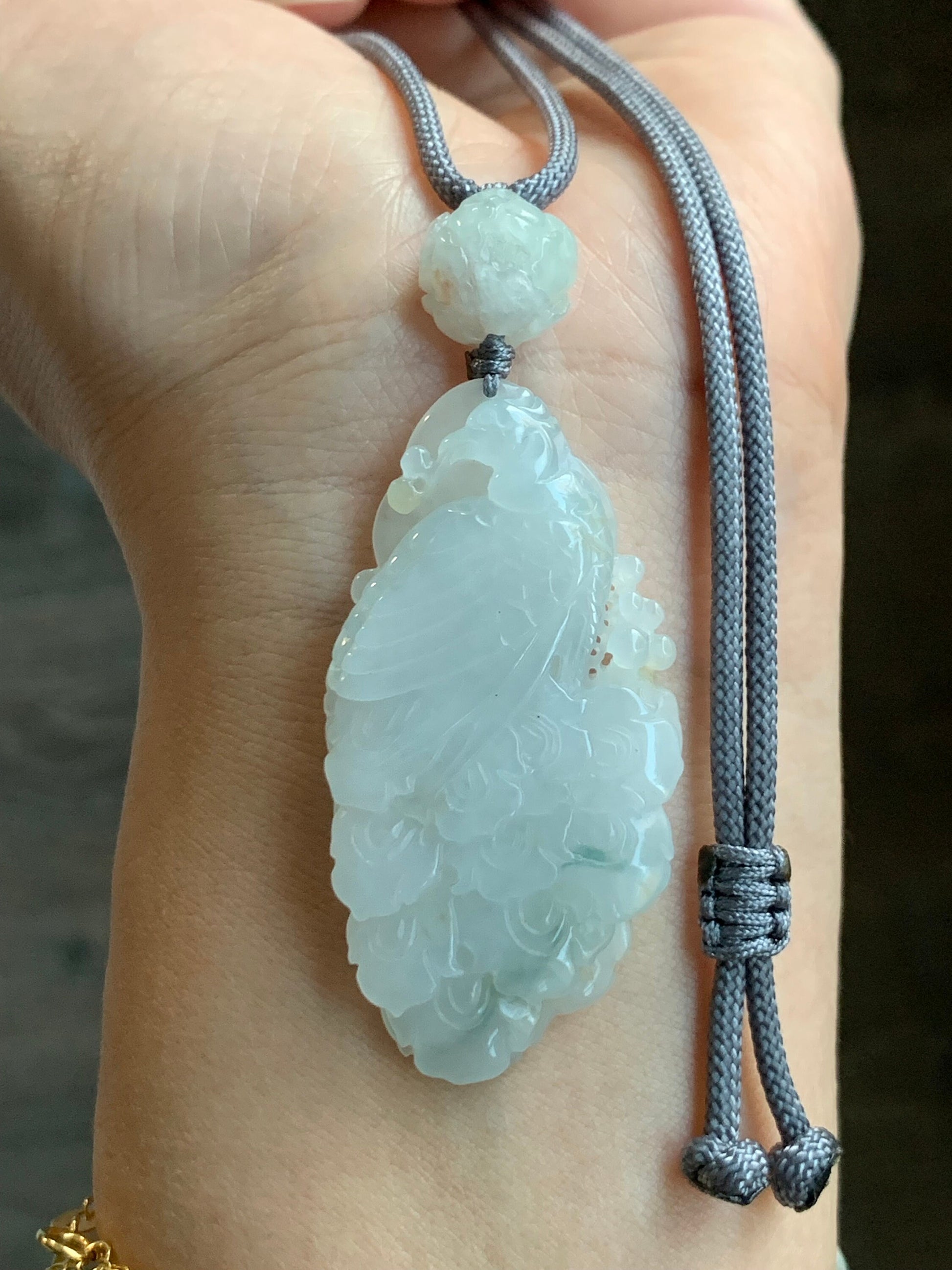 Certified Natural Burmese Icy Translucent Gelatinous Jadeite Carved Peacock Pendant w/ Peony Rope Necklace 32” Adjustable 18g 天然缅甸冰胶翡翠孔雀牡丹项链