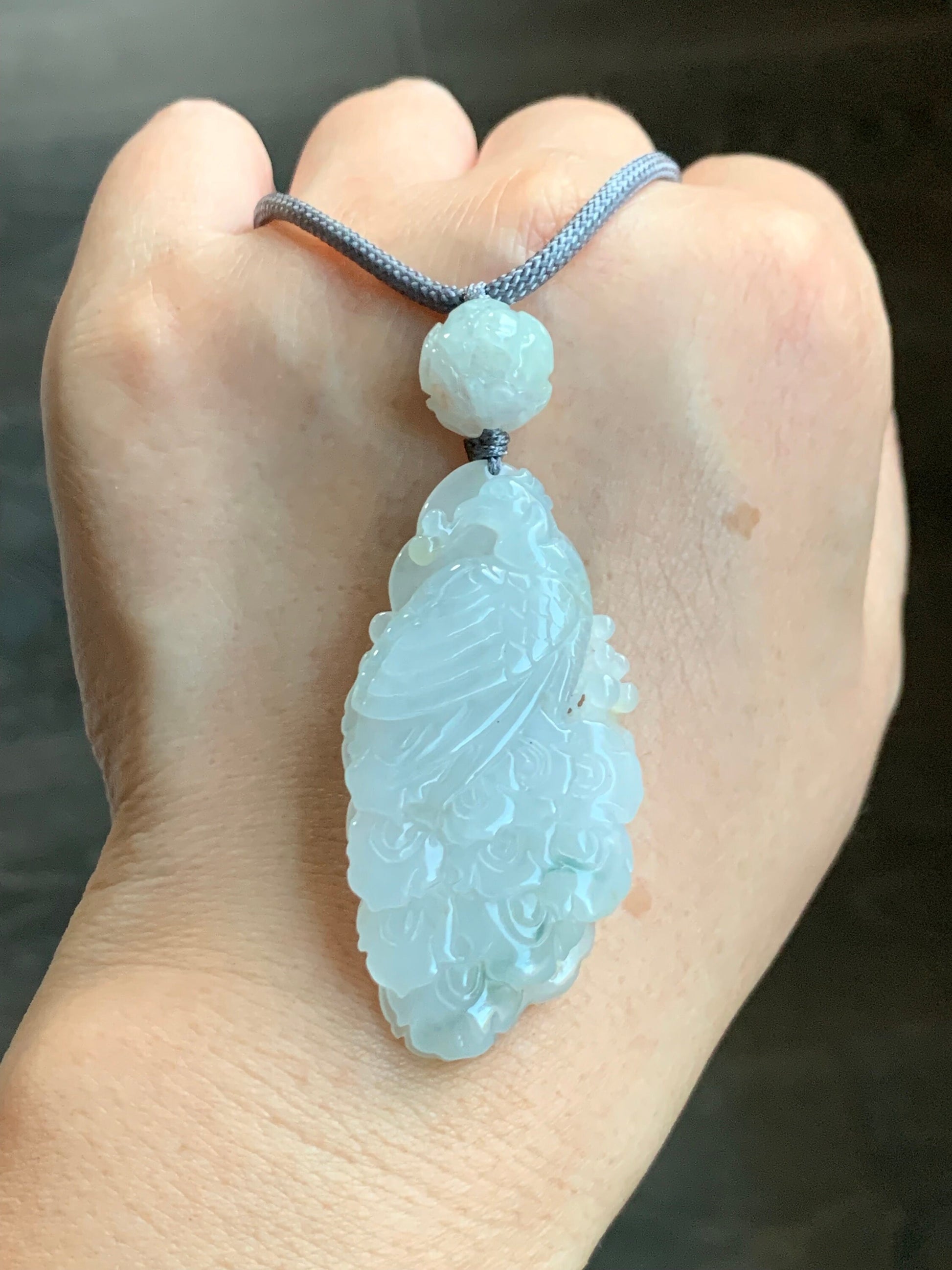 Certified Natural Burmese Icy Translucent Gelatinous Jadeite Carved Peacock Pendant w/ Peony Rope Necklace 32” Adjustable 18g 天然缅甸冰胶翡翠孔雀牡丹项链