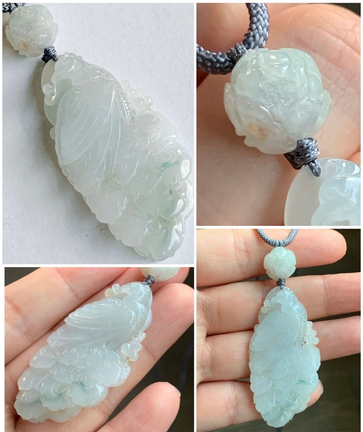 Certified Natural Burmese Icy Translucent Gelatinous Jadeite Carved Peacock Pendant w/ Peony Rope Necklace 32” Adjustable 18g 天然缅甸冰胶翡翠孔雀牡丹项链