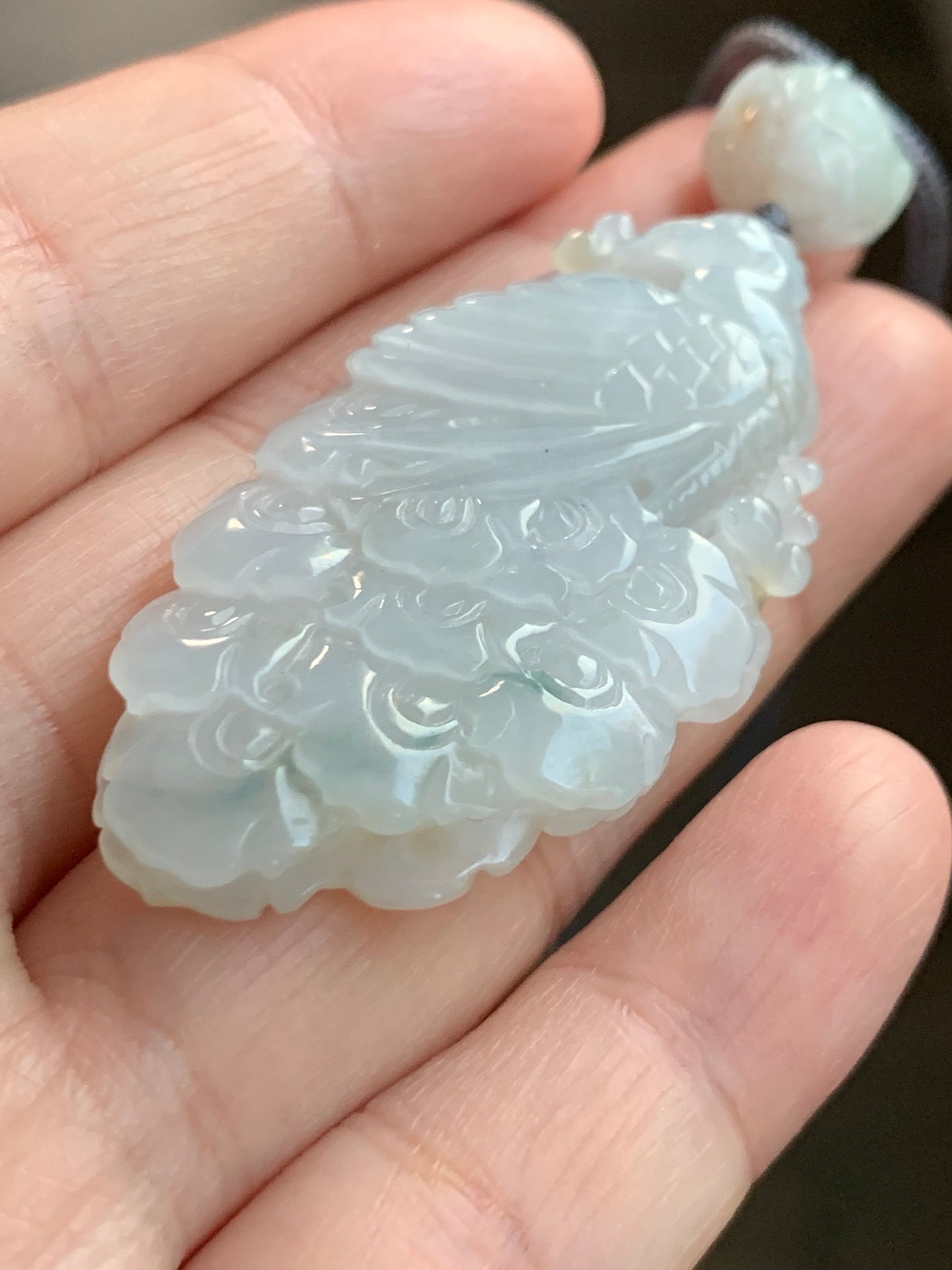 Certified Natural Burmese Icy Translucent Gelatinous Jadeite Carved Peacock Pendant w/ Peony Rope Necklace 32” Adjustable 18g 天然缅甸冰胶翡翠孔雀牡丹项链