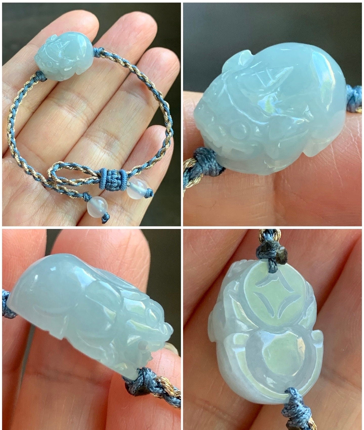 Natural Burmese Icy Translucent Gelatinous Light Dusty Blue Jadeite Pixiu Rope Bracelet Adjustable up to 6.25” 6g 天然缅甸冰胶淡蓝翡翠貔貅手绳