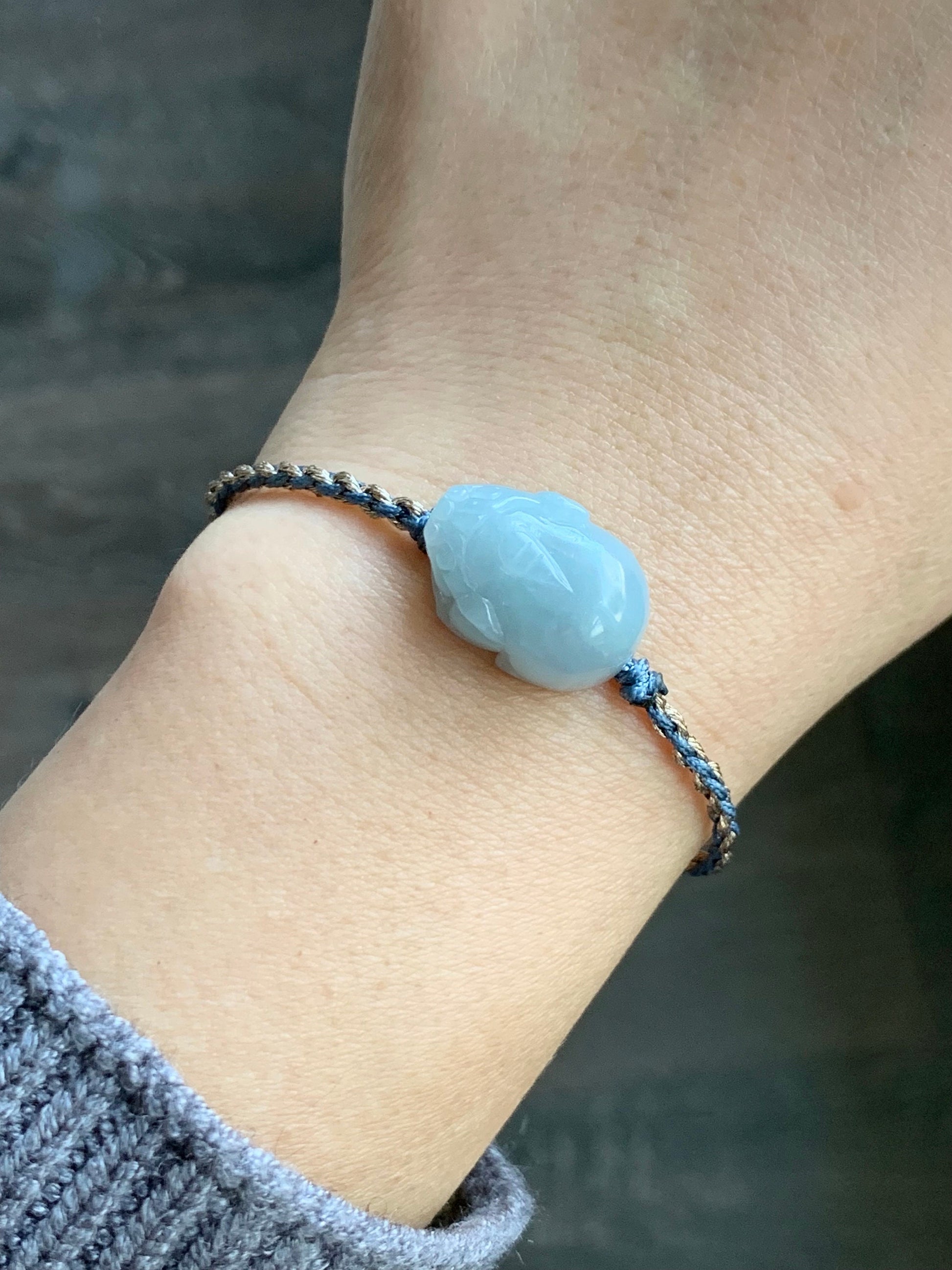 Natural Burmese Icy Translucent Gelatinous Light Dusty Blue Jadeite Pixiu Rope Bracelet Adjustable up to 6.25” 6g 天然缅甸冰胶淡蓝翡翠貔貅手绳