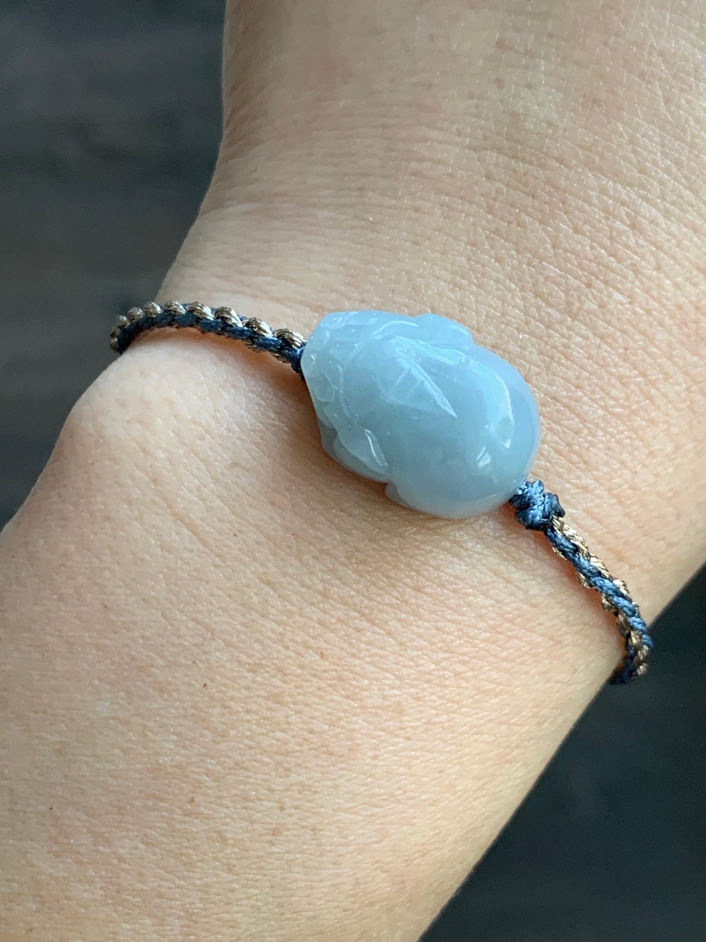 Natural Burmese Icy Translucent Gelatinous Light Dusty Blue Jadeite Pixiu Rope Bracelet Adjustable up to 6.25” 6g 天然缅甸冰胶淡蓝翡翠貔貅手绳