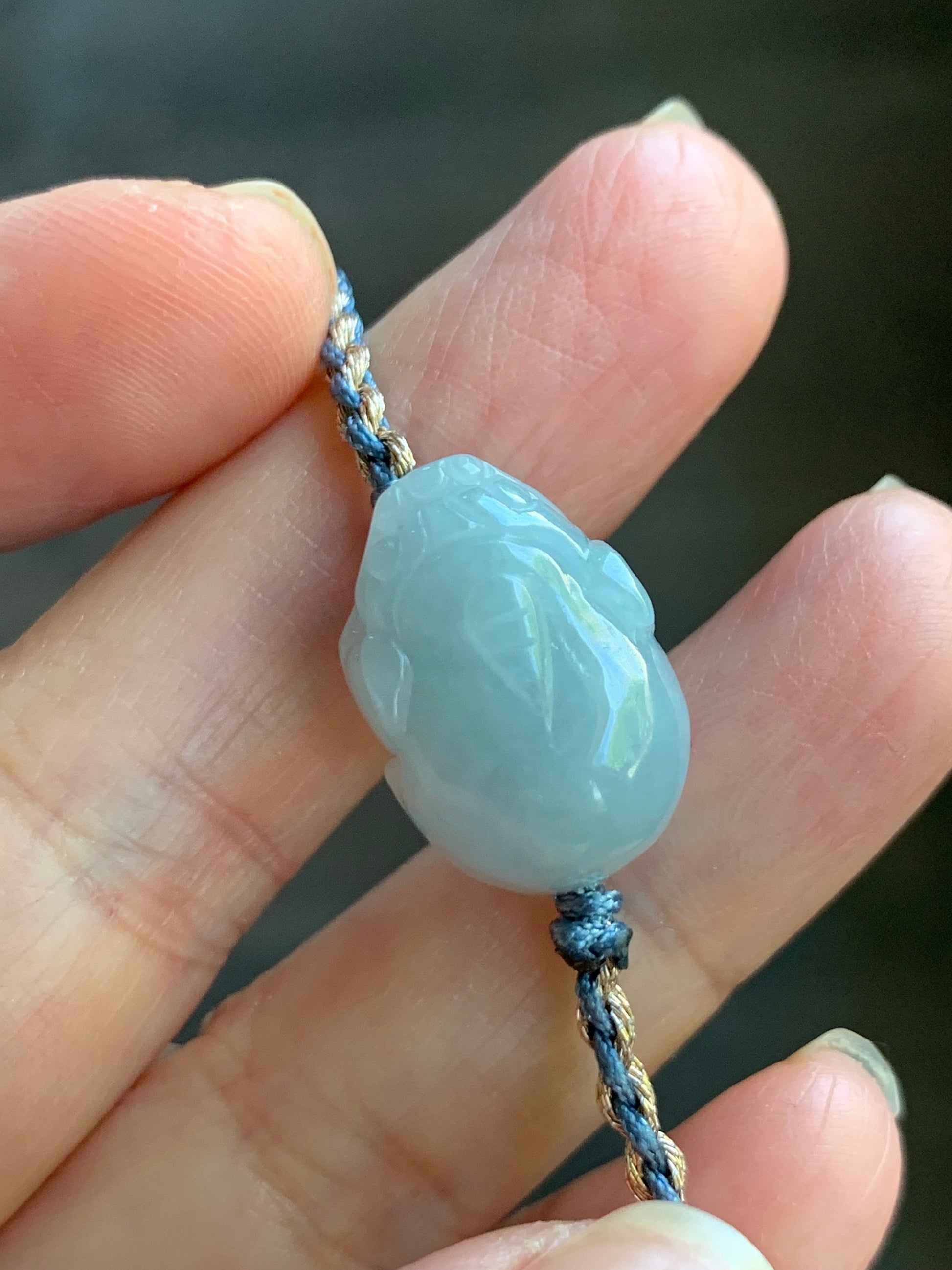 Natural Burmese Icy Translucent Gelatinous Light Dusty Blue Jadeite Pixiu Rope Bracelet Adjustable up to 6.25” 6g 天然缅甸冰胶淡蓝翡翠貔貅手绳