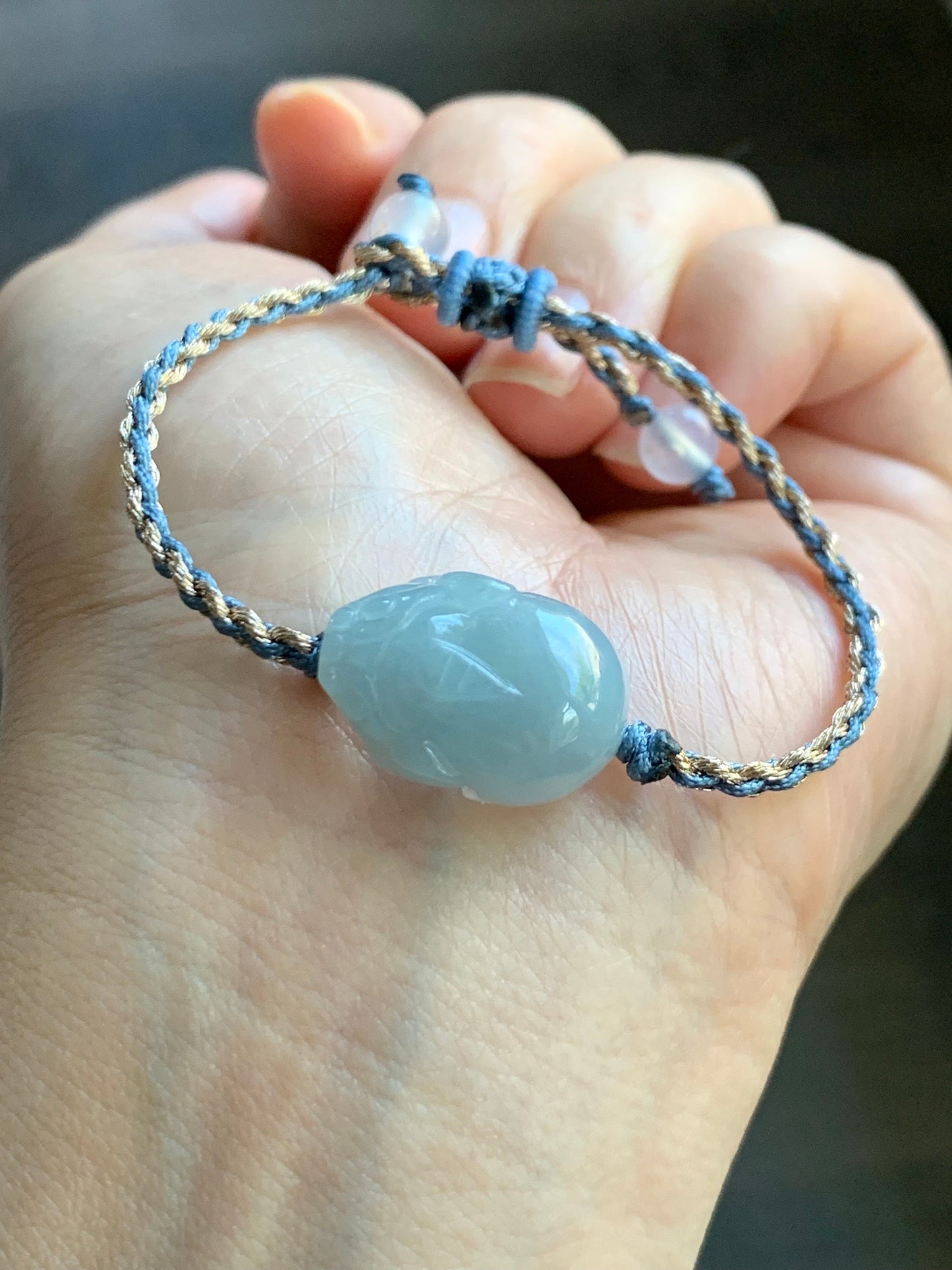 Natural Burmese Icy Translucent Gelatinous Light Dusty Blue Jadeite Pixiu Rope Bracelet Adjustable up to 6.25” 6g 天然缅甸冰胶淡蓝翡翠貔貅手绳