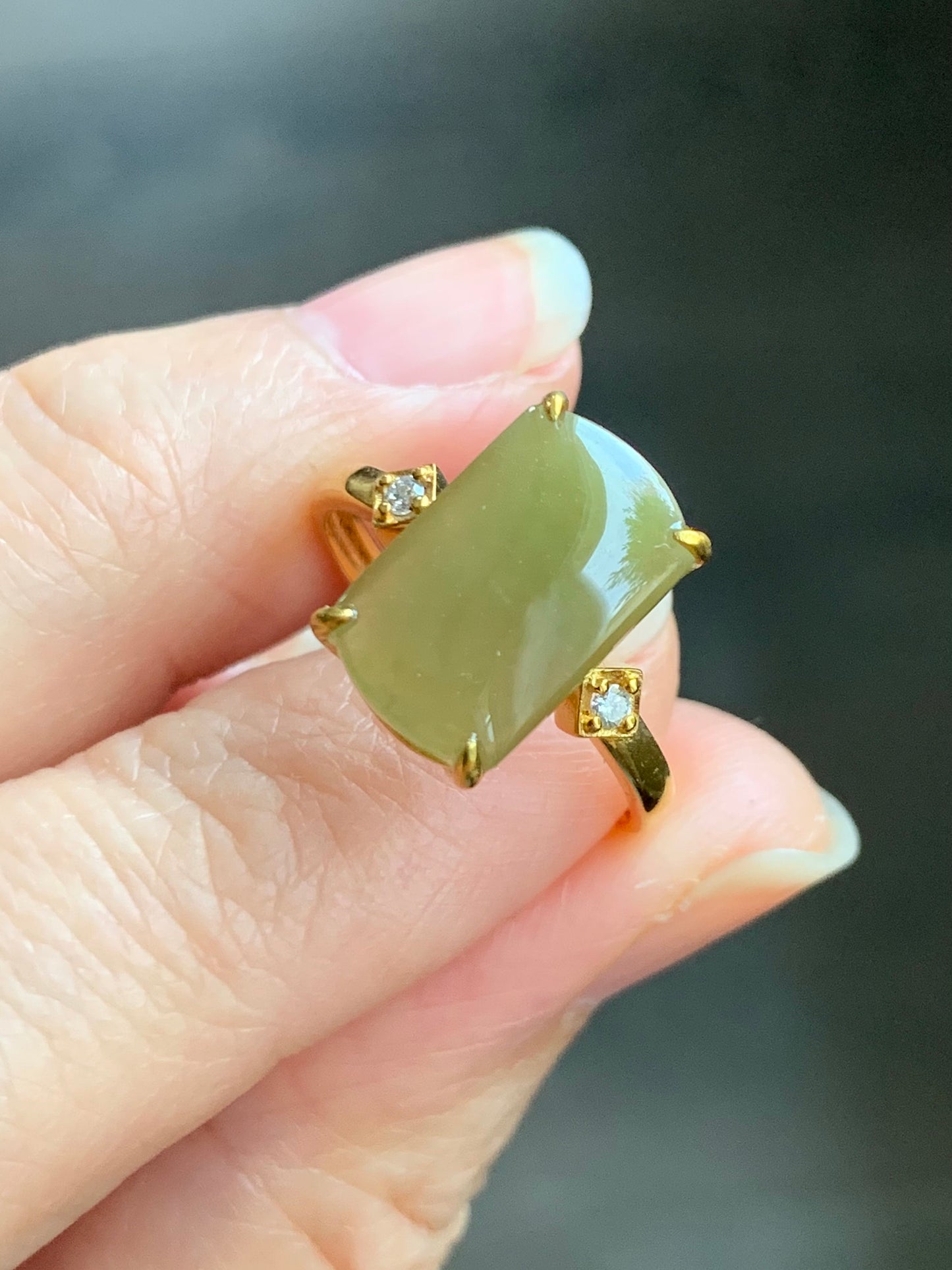 Certified Natural Burmese Icy Translucent Yellow Jadeite Saddle Ring Size 7 18K Yellow Gold & Diamonds 天然老种缅甸冰寿黄翡翠马鞍钻石镶嵌戒指