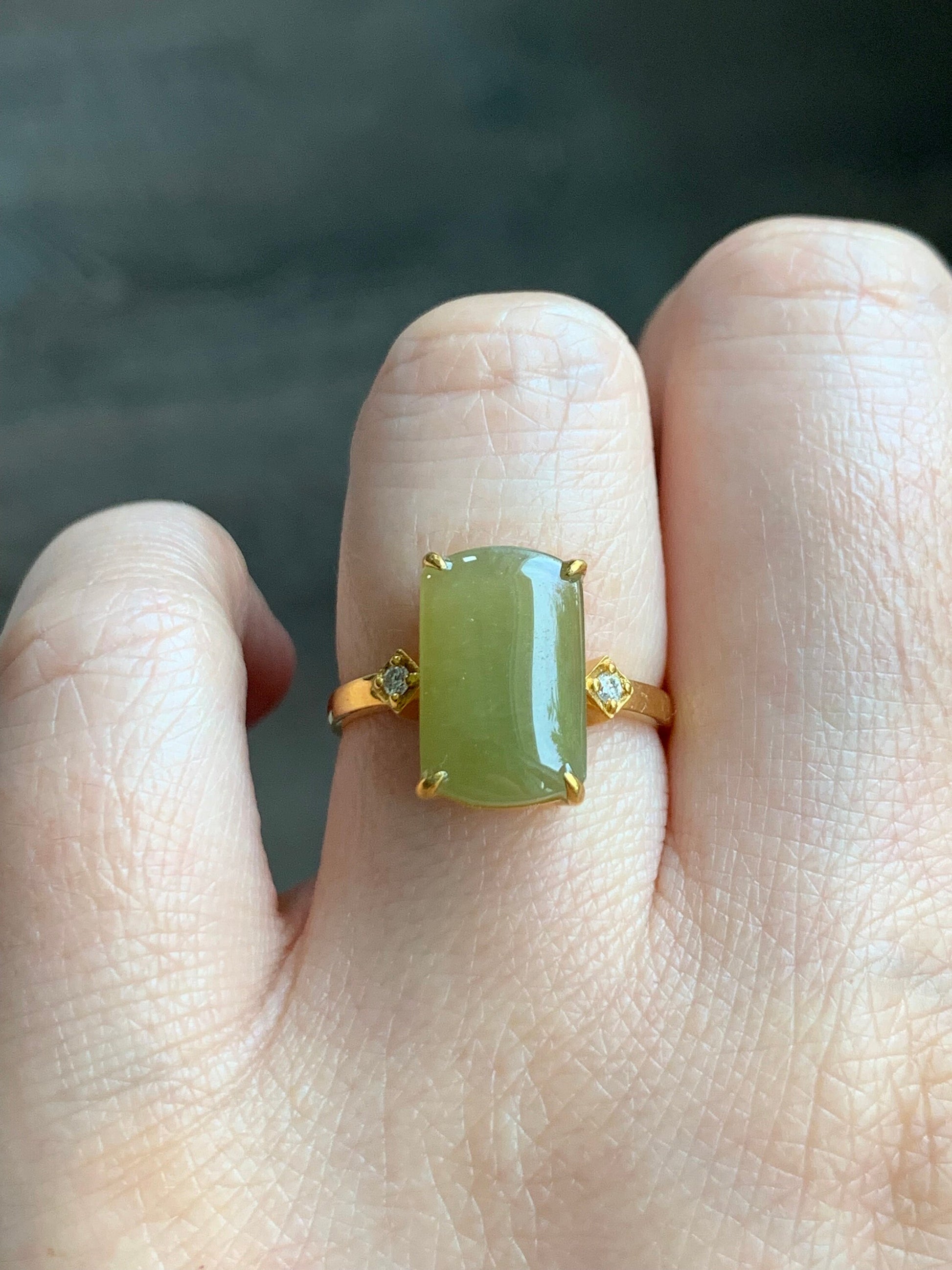 Certified Natural Burmese Icy Translucent Yellow Jadeite Saddle Ring Size 7 18K Yellow Gold & Diamonds 天然老种缅甸冰寿黄翡翠马鞍钻石镶嵌戒指