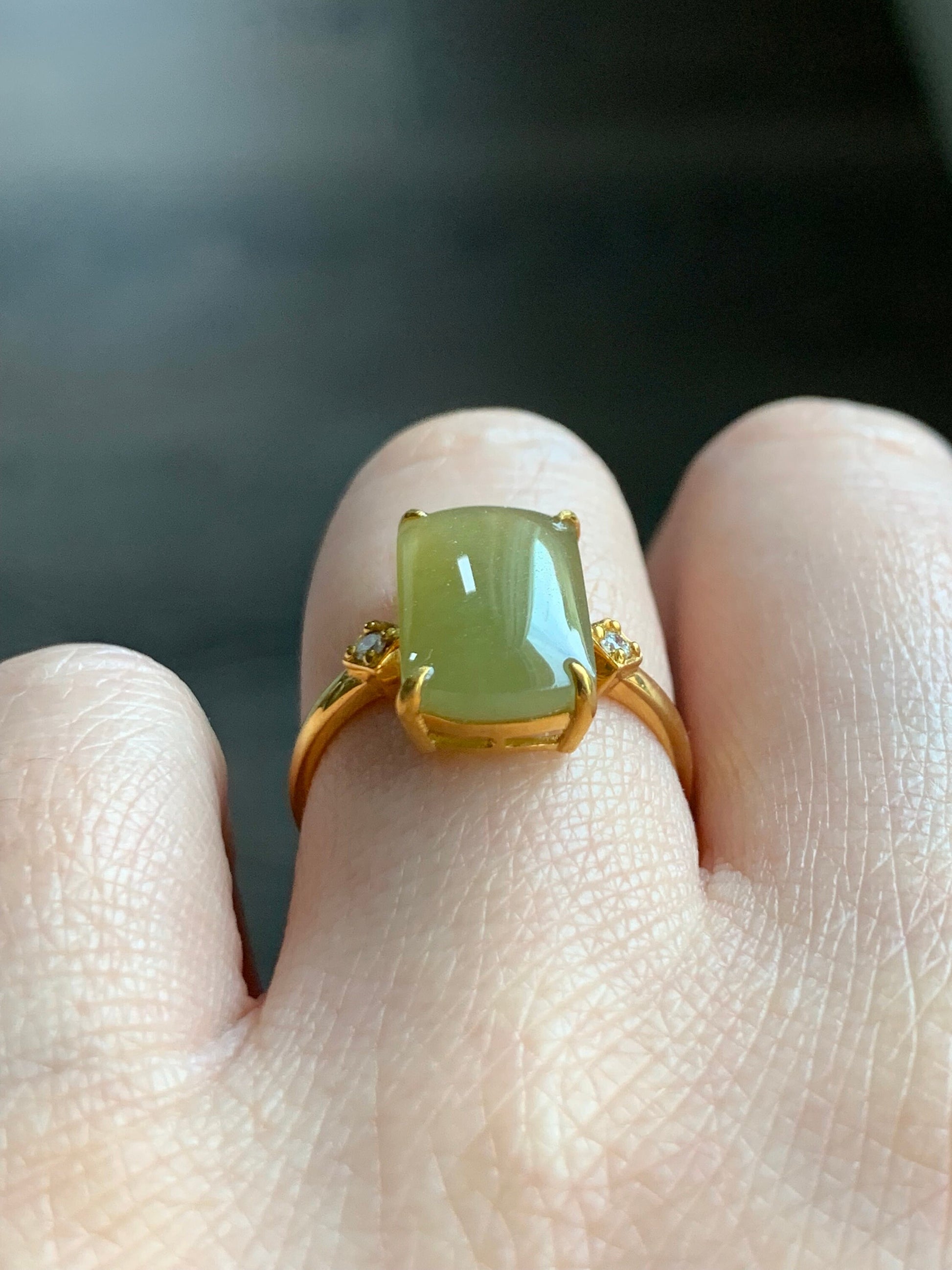 Certified Natural Burmese Icy Translucent Yellow Jadeite Saddle Ring Size 7 18K Yellow Gold & Diamonds 天然老种缅甸冰寿黄翡翠马鞍钻石镶嵌戒指