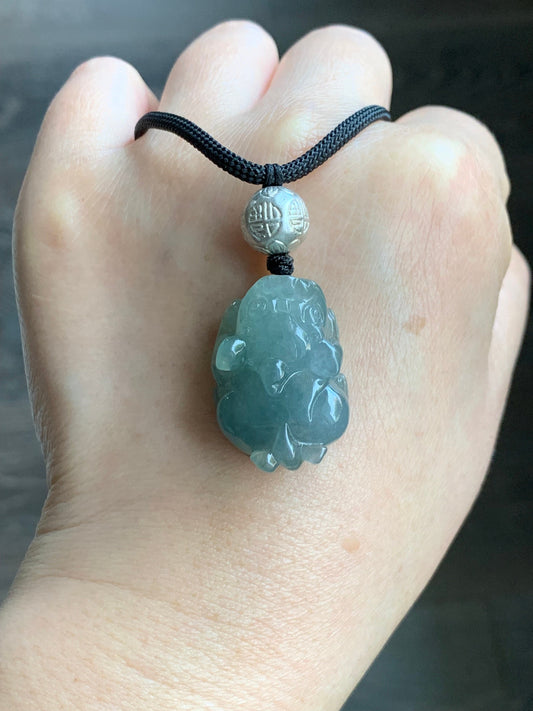 Natural Burmese Icy Highly Translucent Gelatinous Dusty Green Jadeite Pixiu Pendant Rope Necklace 999 Sterling Silver 天然缅甸冰胶暗绿翡翠貔貅吊坠