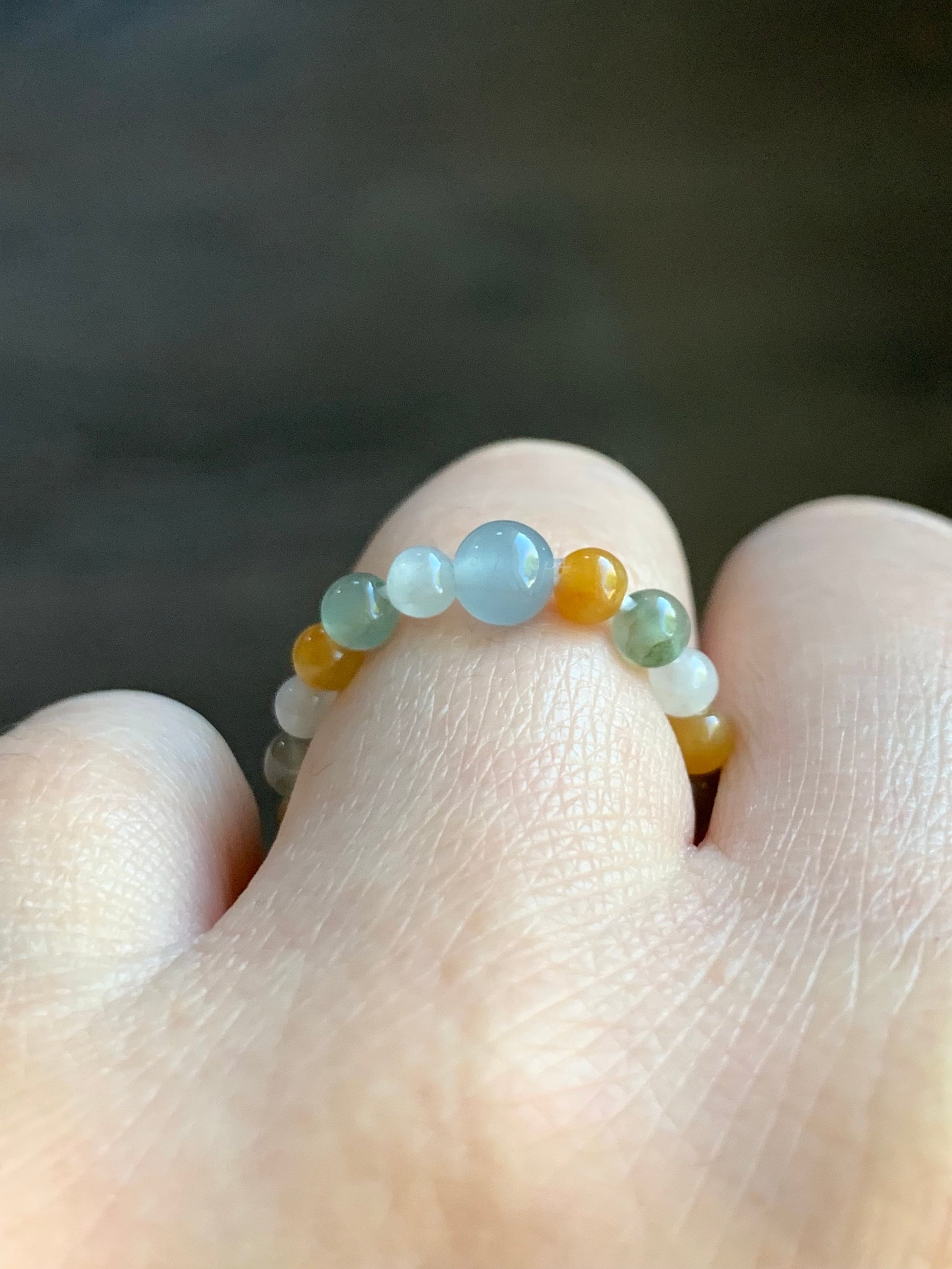 Natural Burmese & Guatemalan Icy Highly Translucent Multicolored Jadeite Petite Beads Beaded Ring size 5.75 Stretchy 天然缅甸冰多宝色翡翠危蓝翡翠戒圈