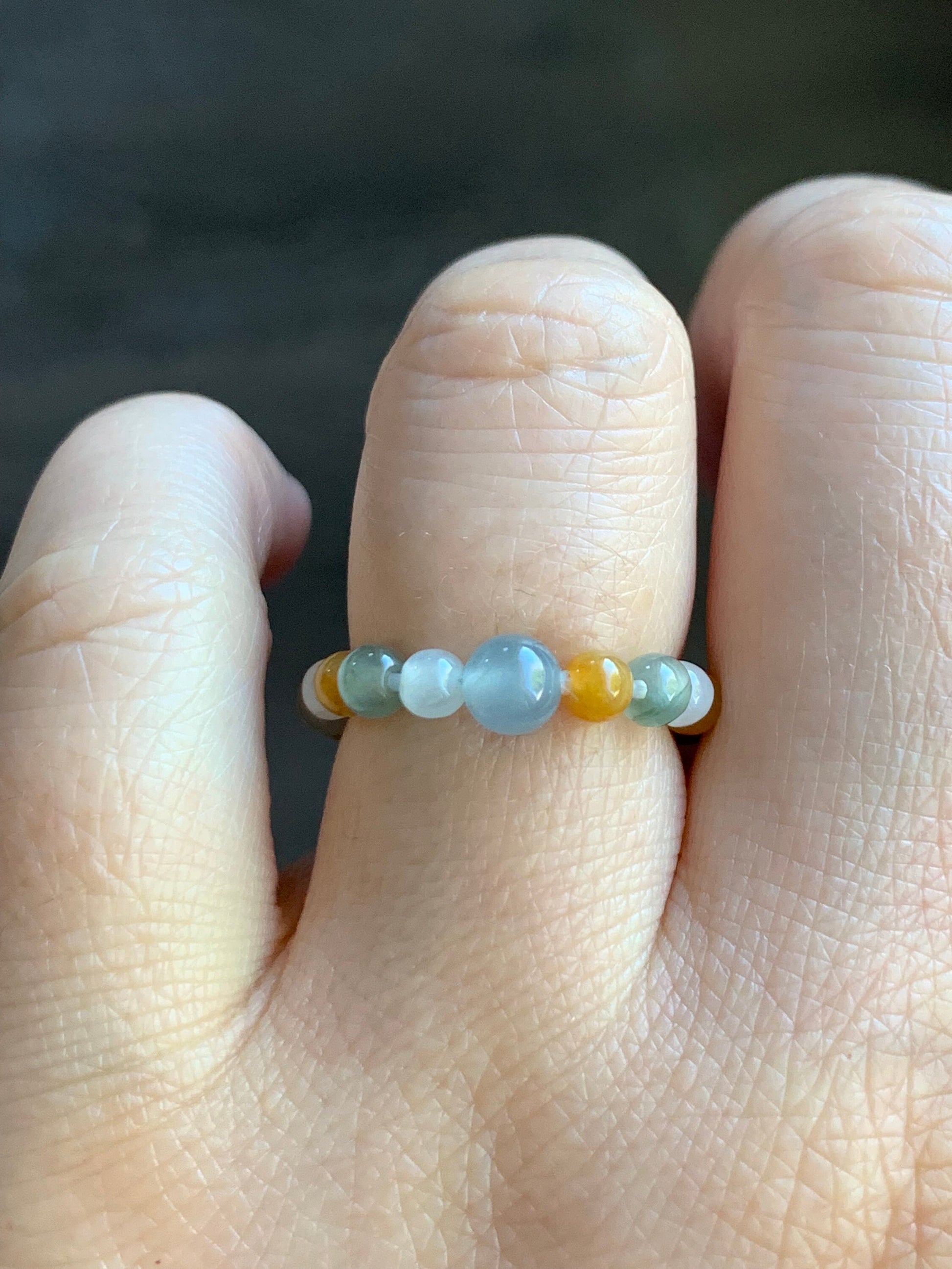 Natural Burmese & Guatemalan Icy Highly Translucent Multicolored Jadeite Petite Beads Beaded Ring size 5.75 Stretchy 天然缅甸冰多宝色翡翠危蓝翡翠戒圈