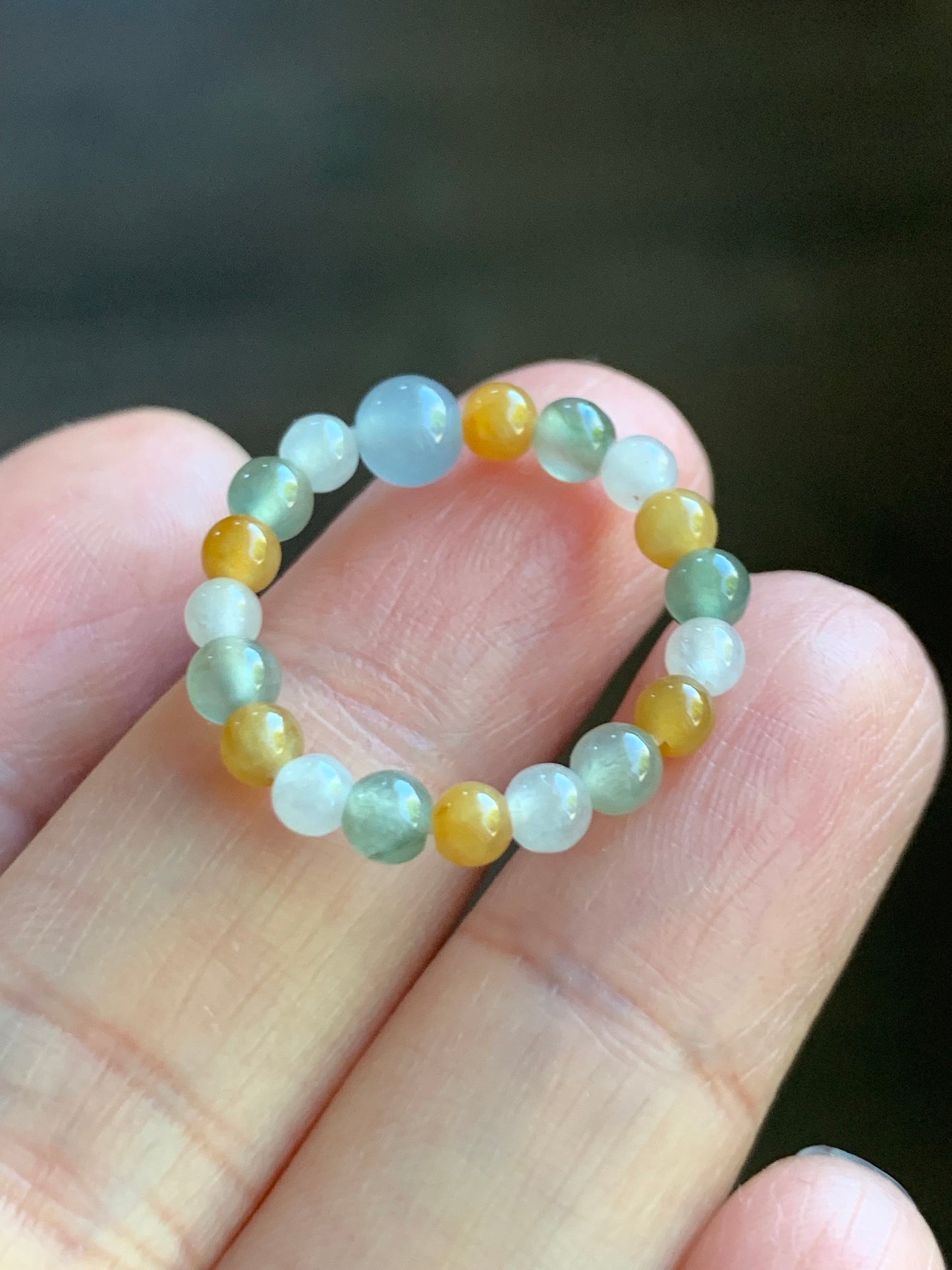 Natural Burmese & Guatemalan Icy Highly Translucent Multicolored Jadeite Petite Beads Beaded Ring size 5.75 Stretchy 天然缅甸冰多宝色翡翠危蓝翡翠戒圈