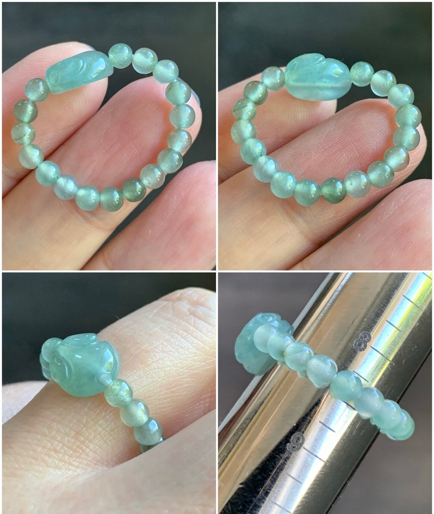 Natural Burmese Icy Highly Translucent Light Green Jadeite Bunny Rabbit & Petite Beads Beaded Ring size 8.25 Stretchy 天然缅甸冰晴绿色翡翠面包兔戒圈