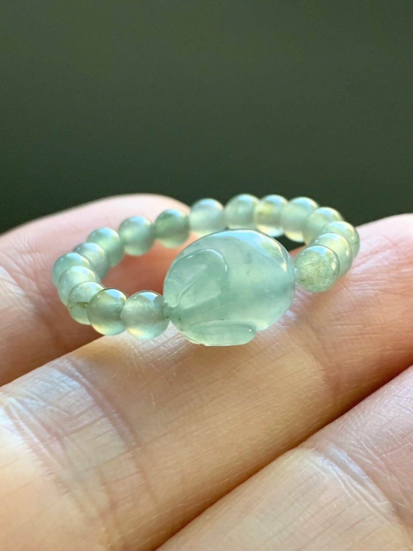 Natural Burmese Icy Highly Translucent Light Green Jadeite Bunny Rabbit & Petite Beads Beaded Ring size 8.25 Stretchy 天然缅甸冰晴绿色翡翠面包兔戒圈