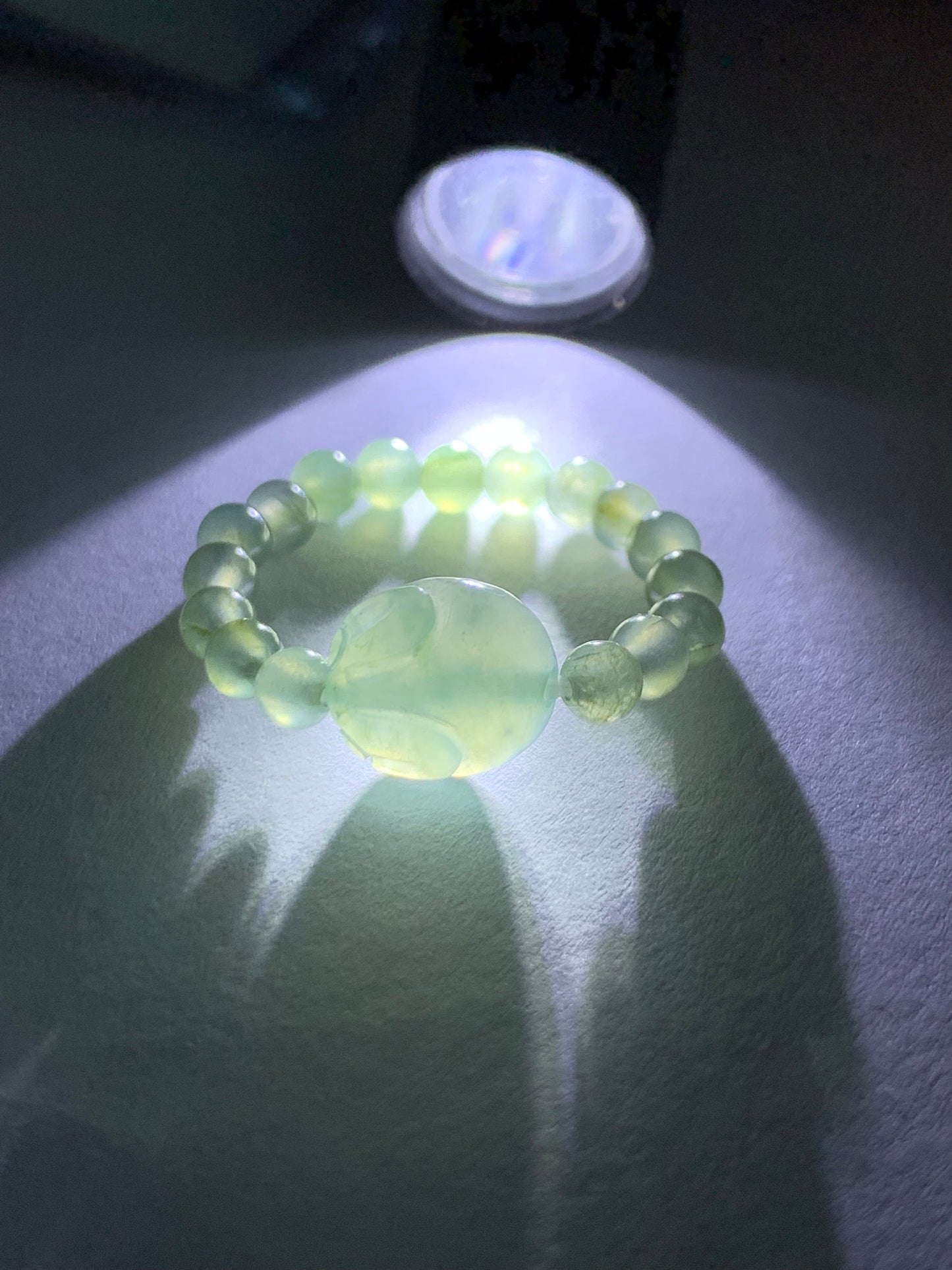 Natural Burmese Icy Highly Translucent Light Green Jadeite Bunny Rabbit & Petite Beads Beaded Ring size 8.25 Stretchy 天然缅甸冰晴绿色翡翠面包兔戒圈