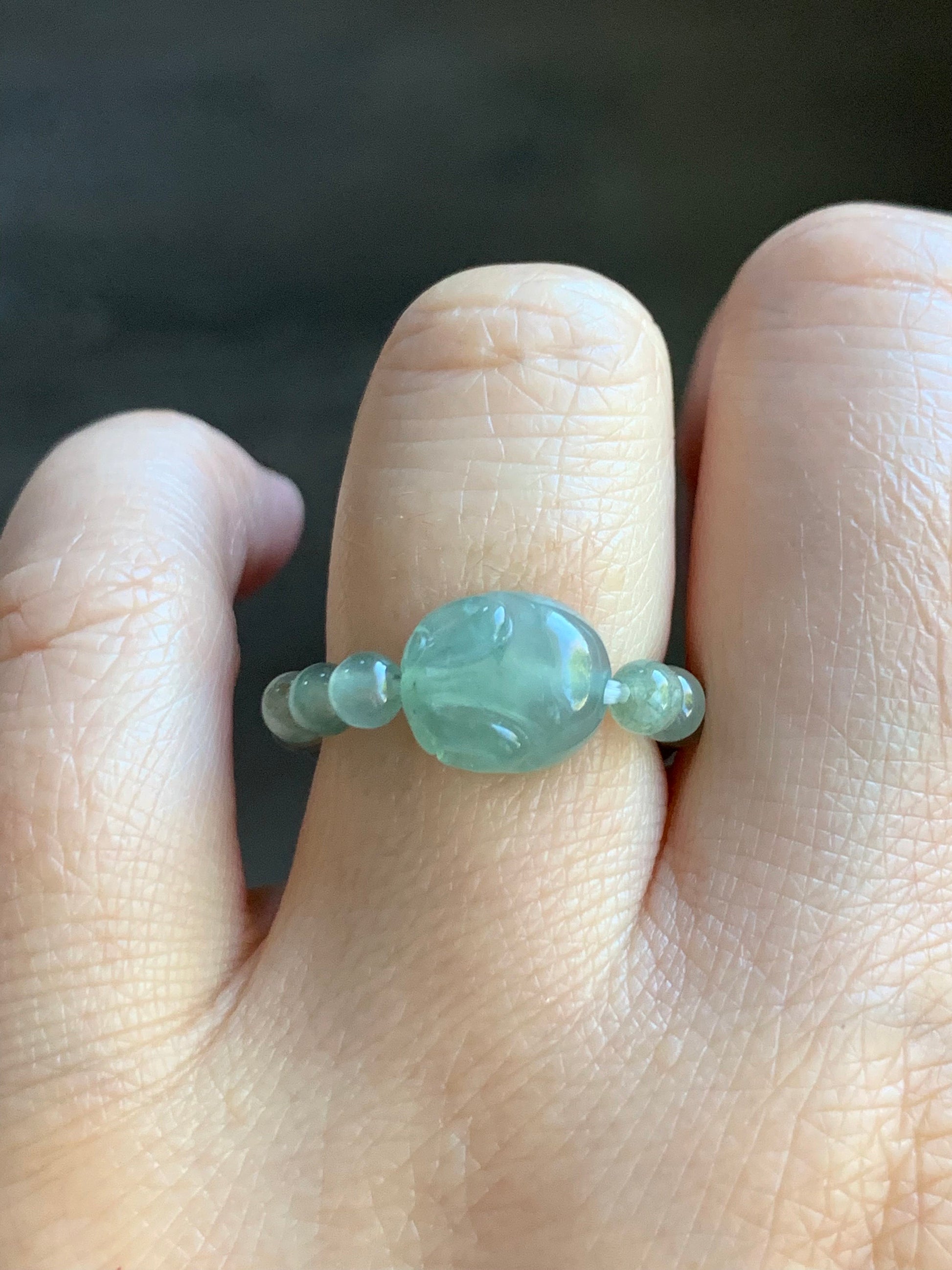 Natural Burmese Icy Highly Translucent Light Green Jadeite Bunny Rabbit & Petite Beads Beaded Ring size 8.25 Stretchy 天然缅甸冰晴绿色翡翠面包兔戒圈