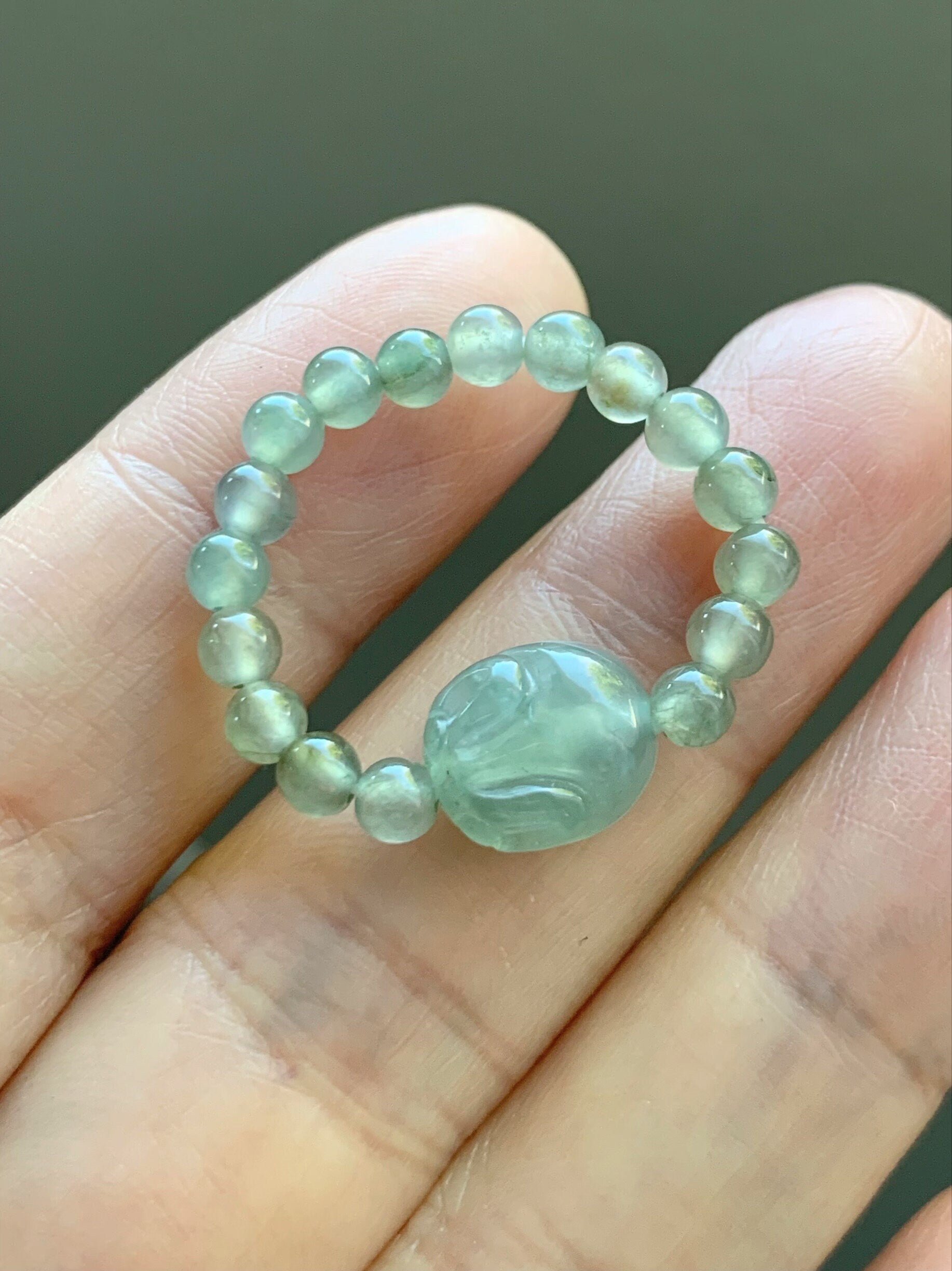 Natural Burmese Icy Highly Translucent Light Green Jadeite Bunny Rabbit & Petite Beads Beaded Ring size 8.25 Stretchy 天然缅甸冰晴绿色翡翠面包兔戒圈