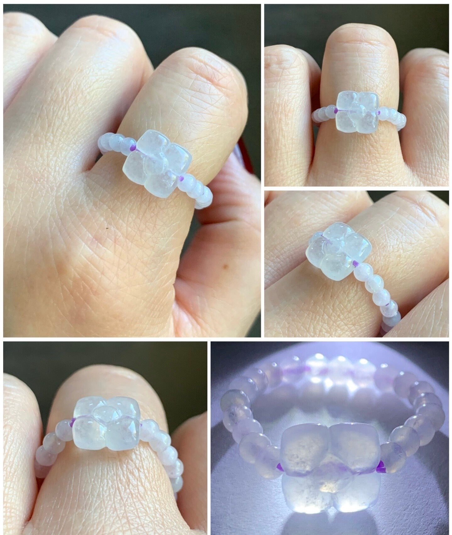 Natural Burmese Icy Translucent Light Green, Yellow Or White Jadeite Flower Petite Beads Beaded Band Ring Stretchy Size Varies 天然缅甸翡翠花小米珠戒圈