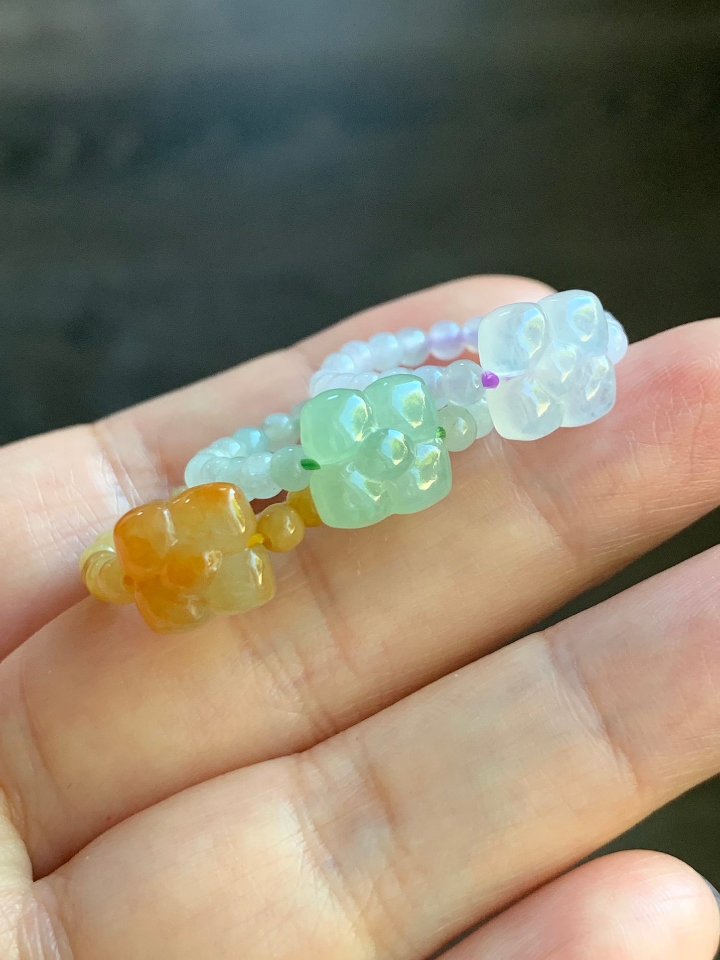 Natural Burmese Icy Translucent Light Green, Yellow Or White Jadeite Flower Petite Beads Beaded Band Ring Stretchy Size Varies 天然缅甸翡翠花小米珠戒圈