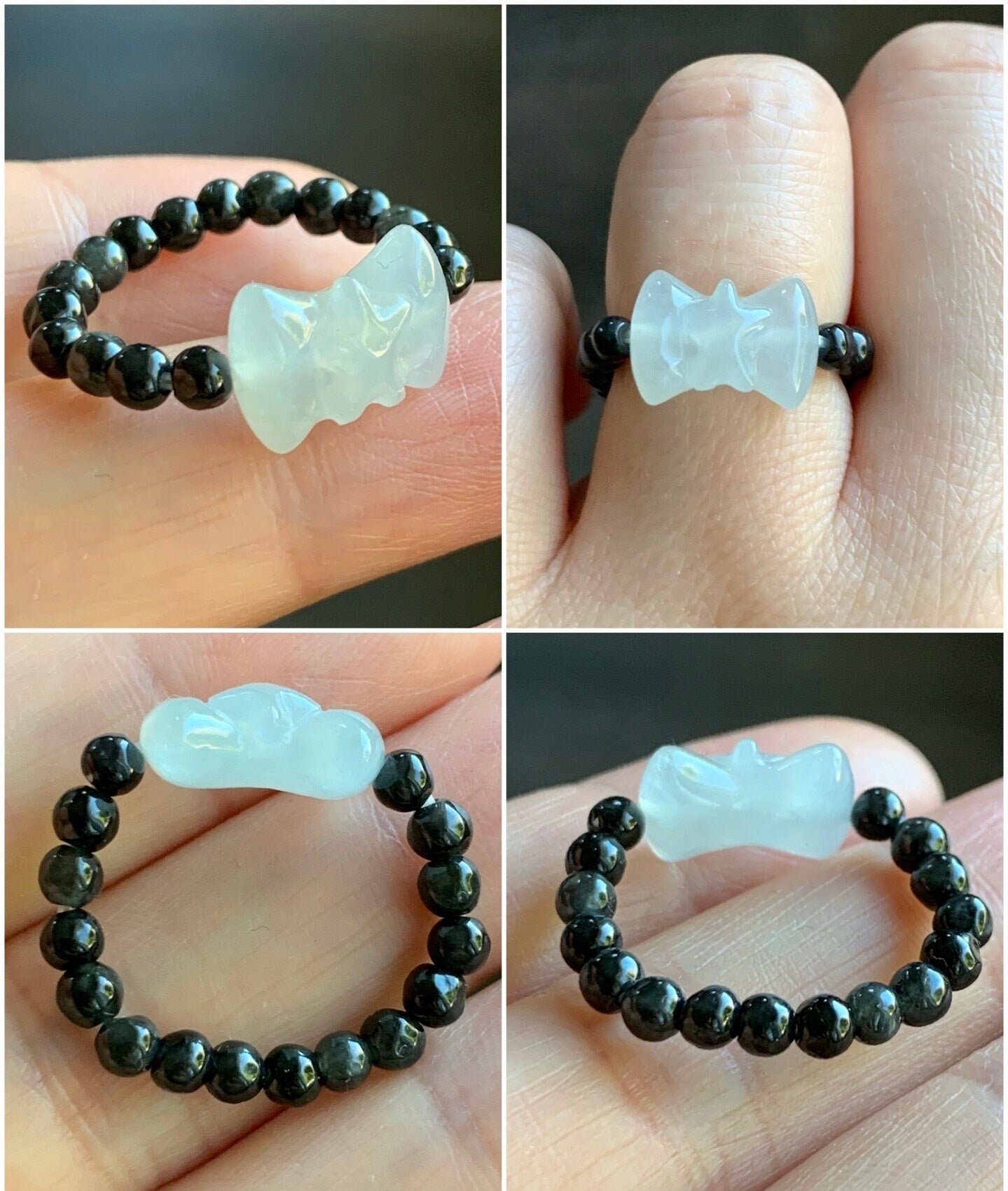 Natural Burmese Icy Translucent Gelatinous White Jadeite Bow Dark Wuji Jadeite Petite Beads Beaded Ring Stretchy 天然缅甸白冰起光翡翠蝴蝶结乌鸡翡翠戒圈